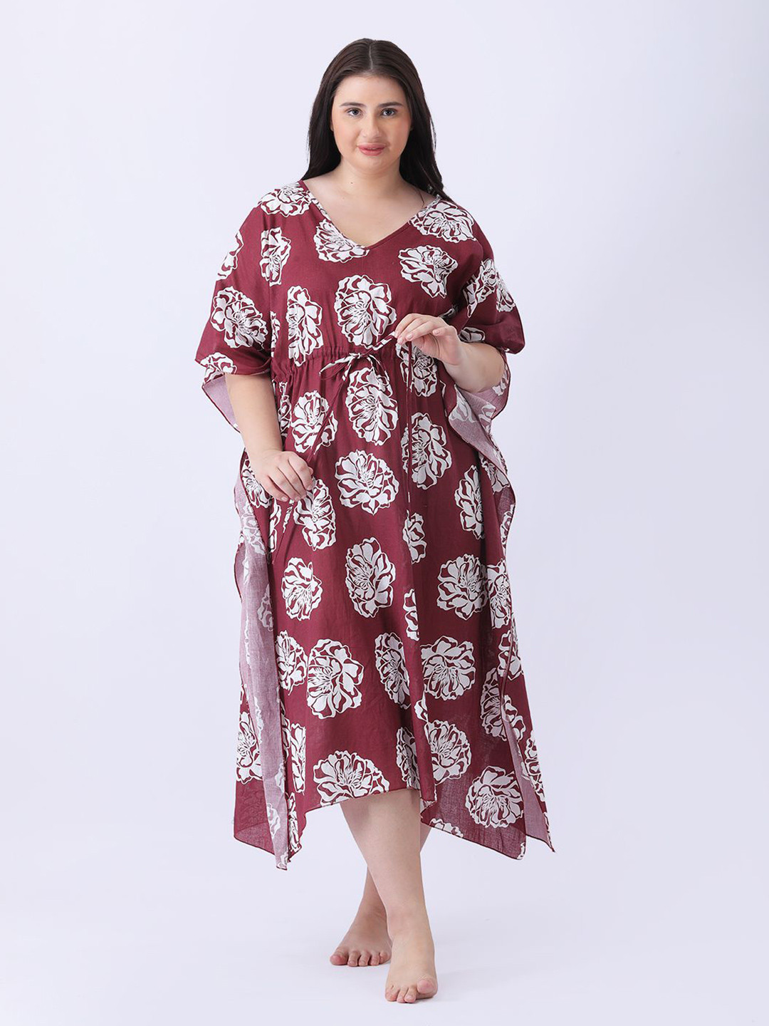 Qurvii+ Women Maroon Cotton Printed Long Kaftan Night Dress