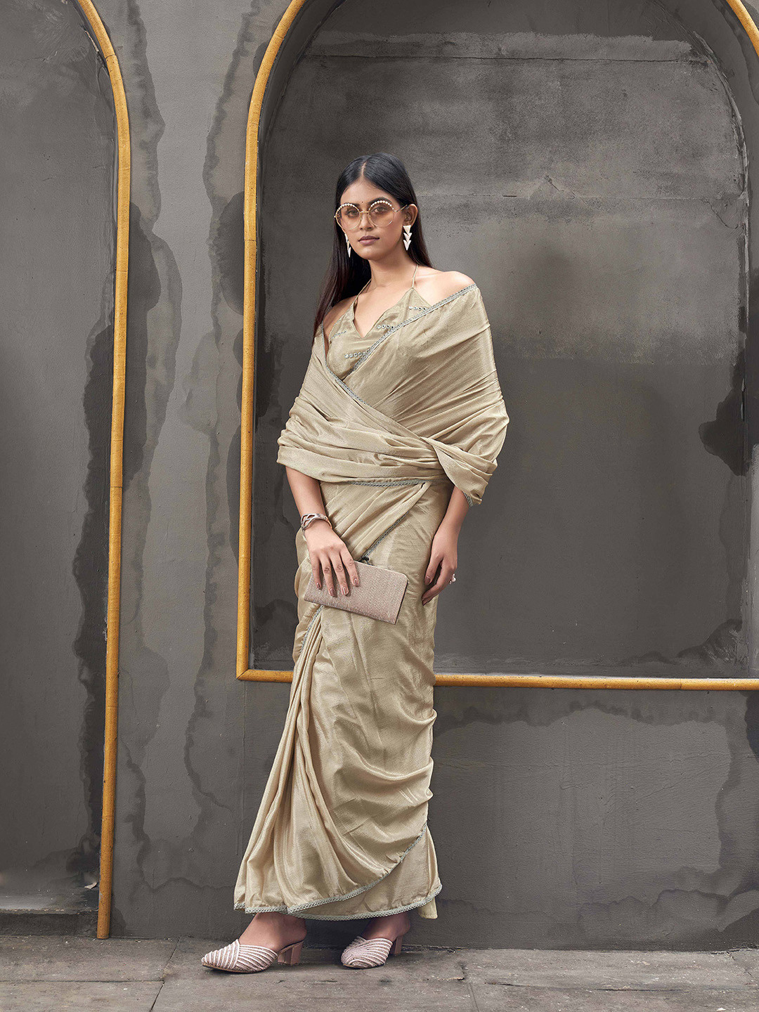 Tikhi Imli Embellished Border Mirror Work Ready To Wear Saree
