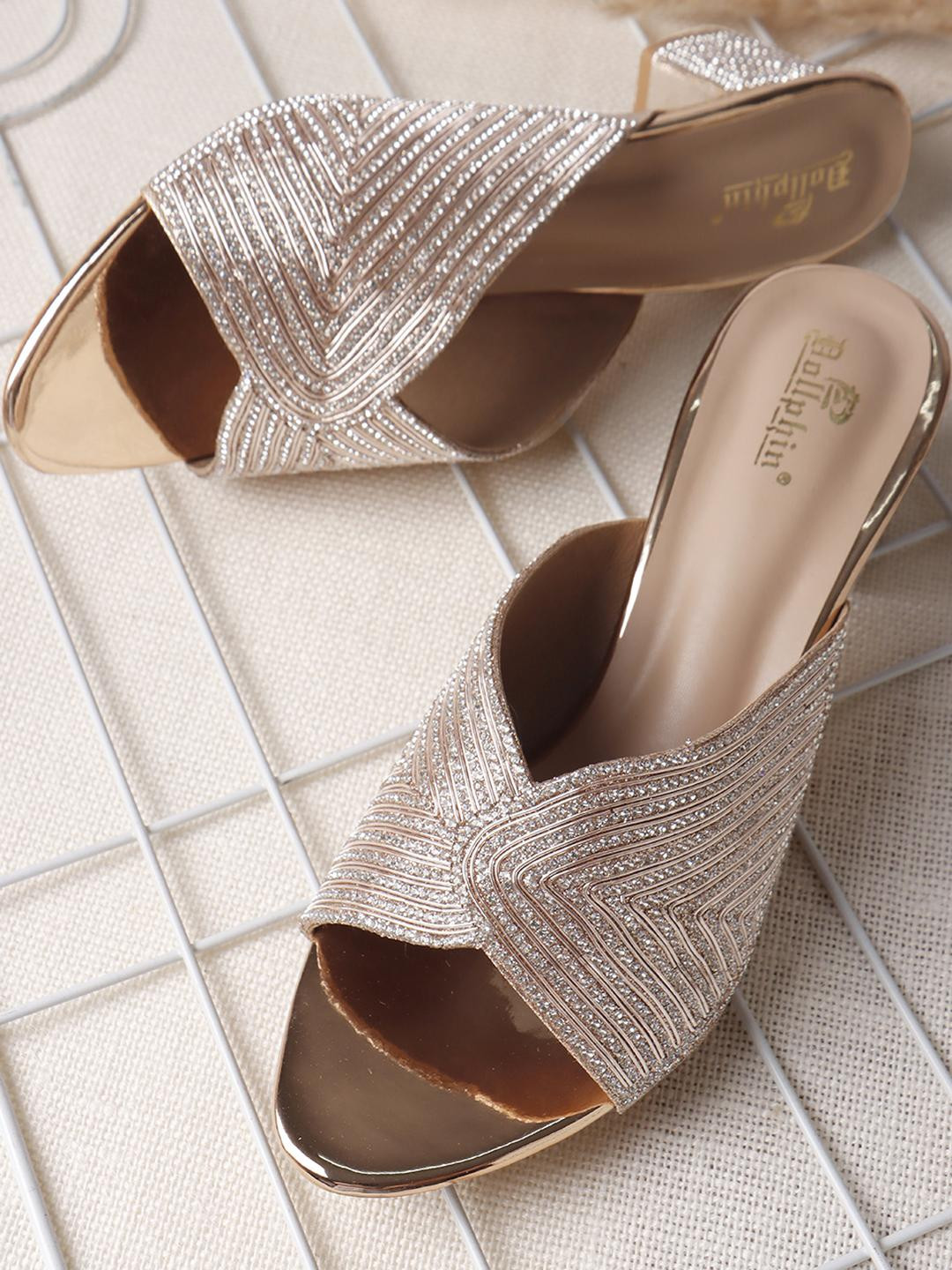 Dollphin Rose Gold Embellished Party Block Sandals