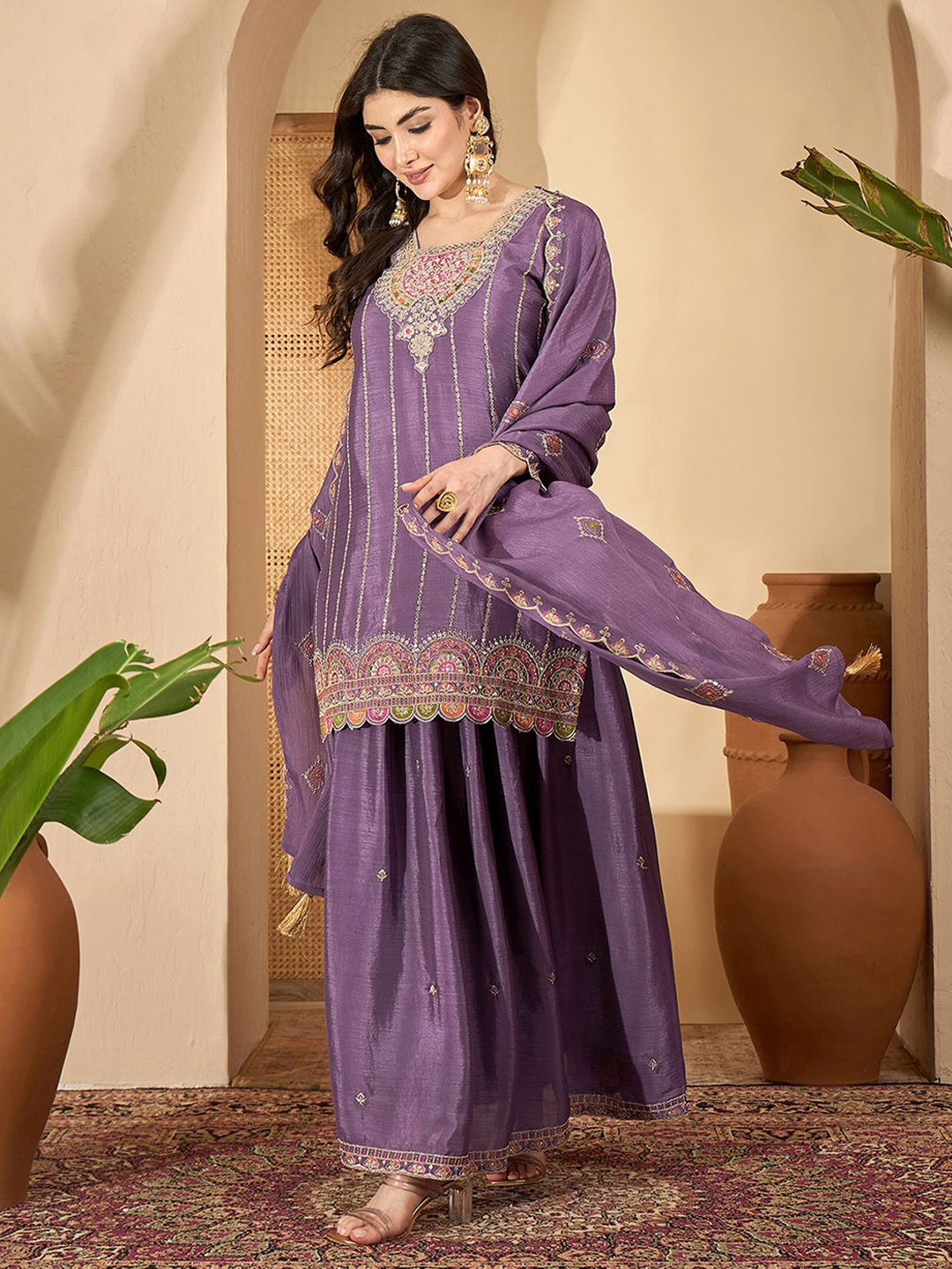 Sangria Floral Embroidered Zari Sequence Cording Kurti With Skirt & Dupatta