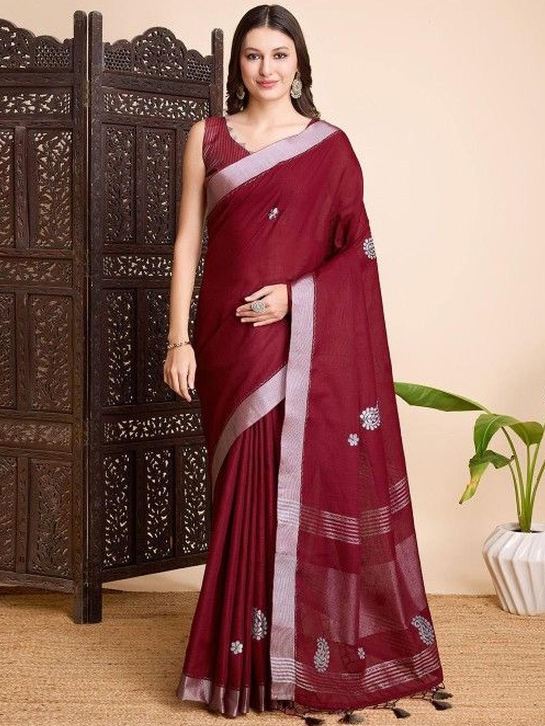 KARAGIRI Maroon Linen Saree With Blouse Piece