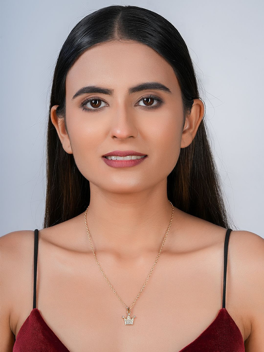 STYOLLO Gold Plated Artificial Stones Studded Crown Design Pendant With Chain