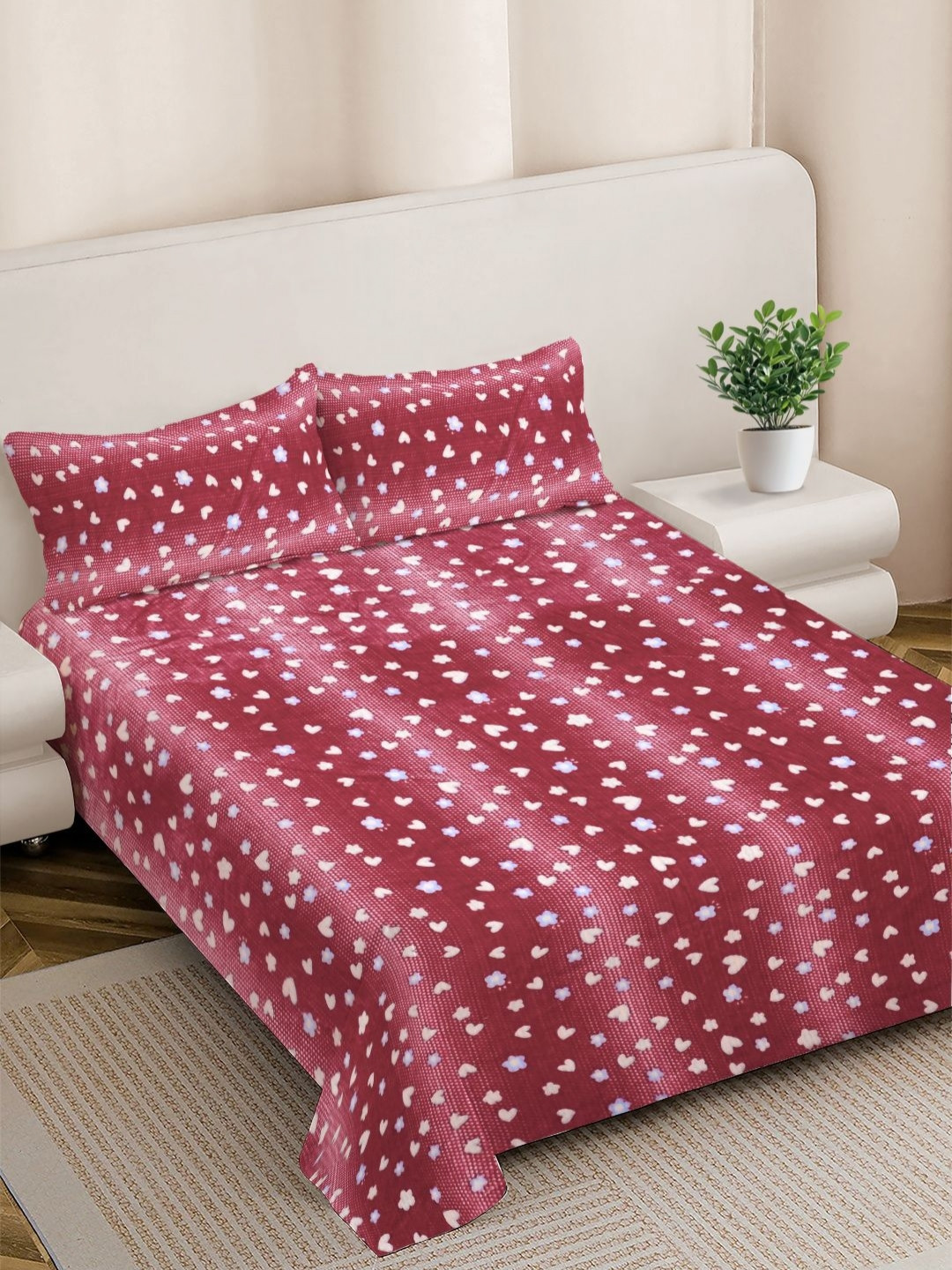 FABINALIV Red & Peach-Coloured Abstract Woollen 300TC Double King Bedsheet Set-2.50mX2.25m