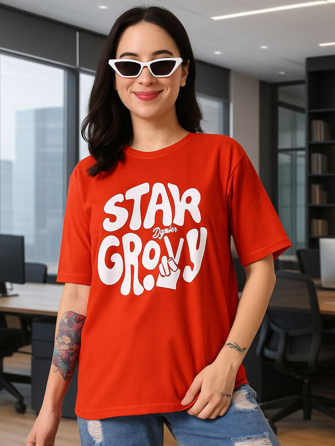 HERE&NOW Women Bio Finish Typography Printed Round Neck Cotton Oversized T-shirt