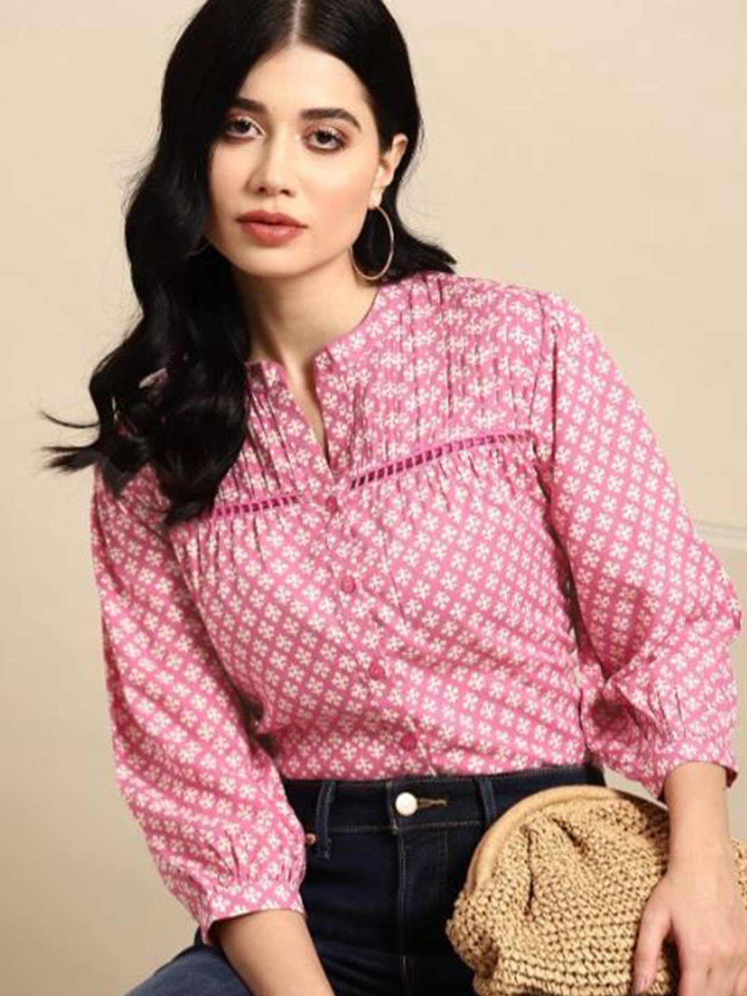 Fab8Sight Floral Print Mandarin Collar Puff Sleeves Regular Top