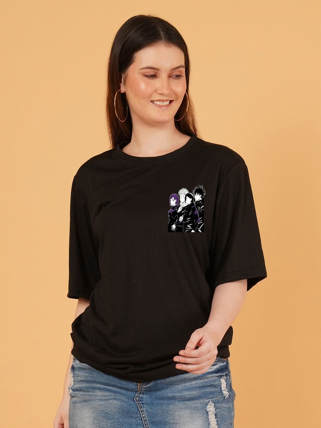 Kasendra Women Jujutsu Kaisen Graphic Printed Round Neck Cotton Oversized T-shirt