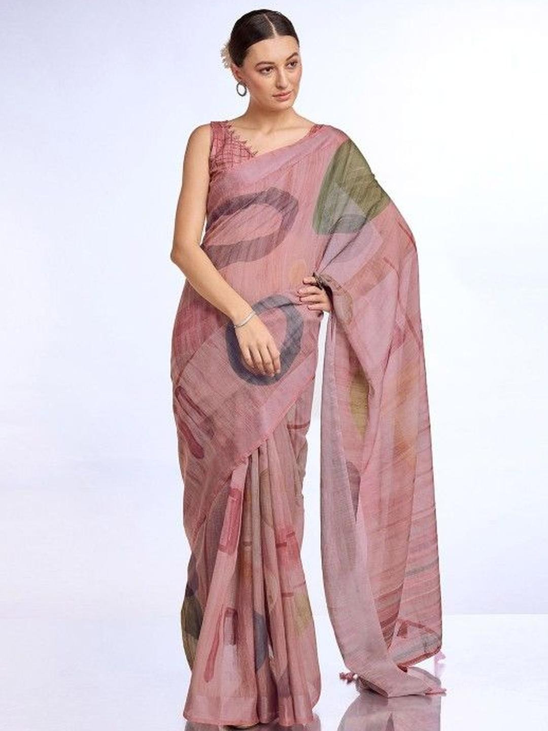 KARAGIRI Pink Linen Blend Saree With Blouse Piece