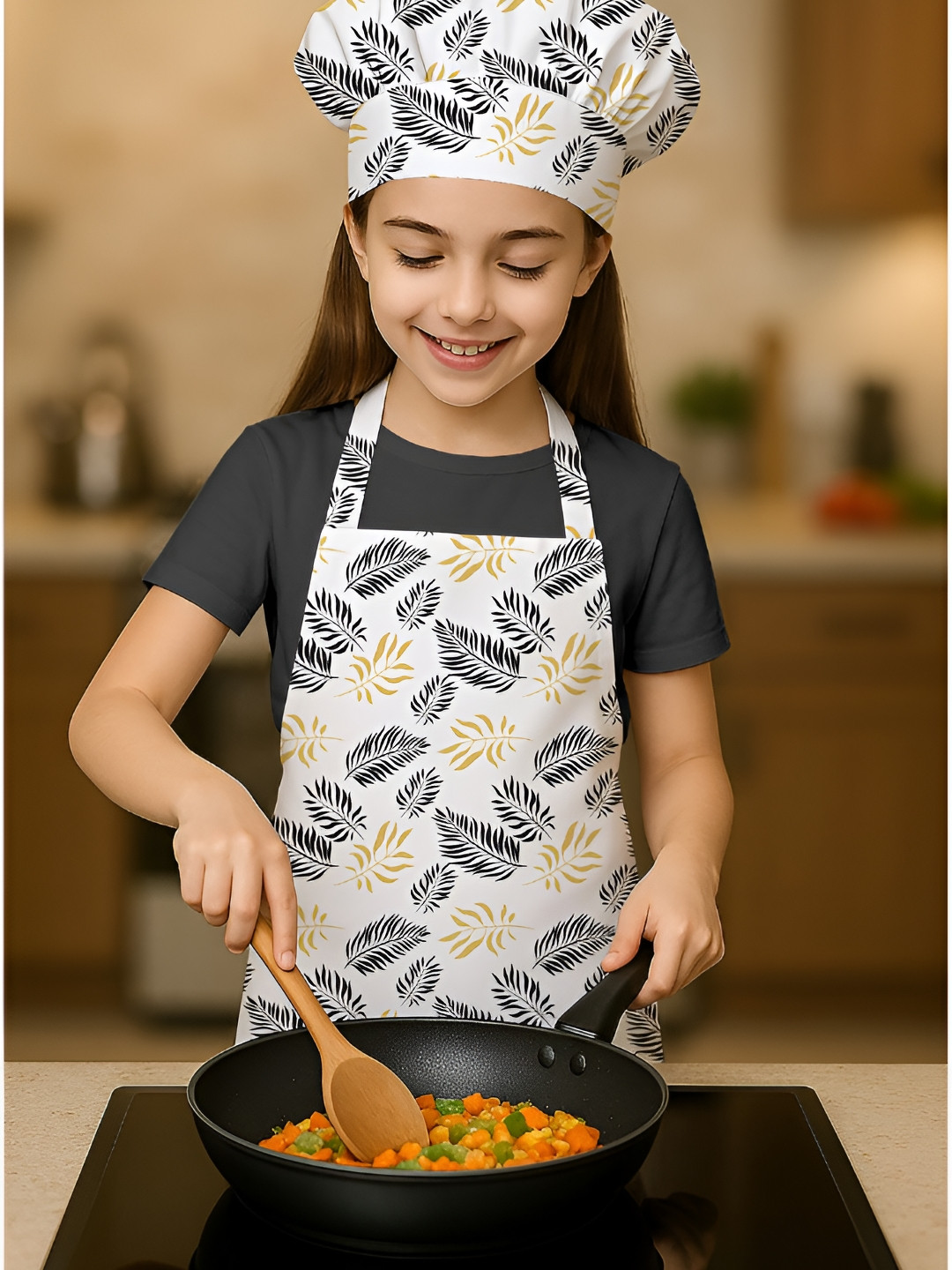 OASIS Girls White And Gold Toned Printed Cotton Apron With Chef Cap