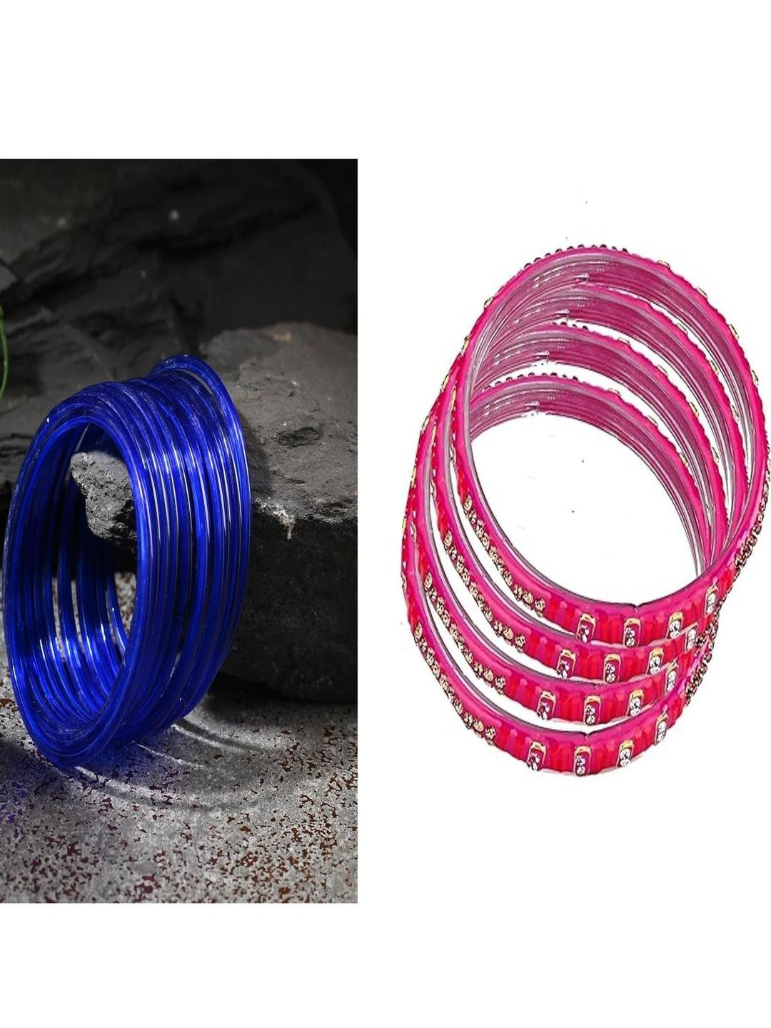 1ST TIME Set Of 16 Blue & Pink Artificial Stones Studded Bangles Set