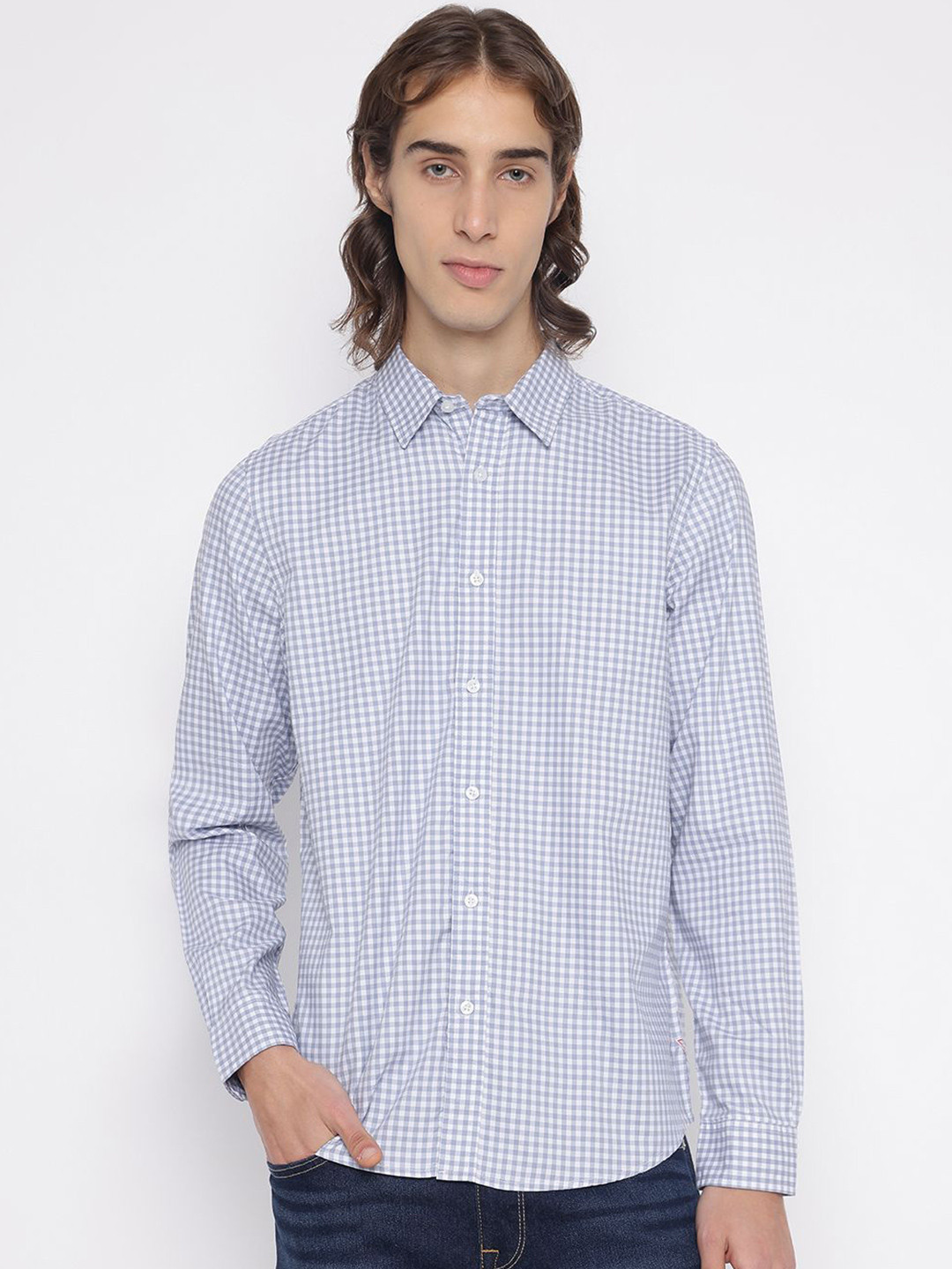 GUESS Men Micro Checked Spread Collar Pure Cotton Casual Shirt