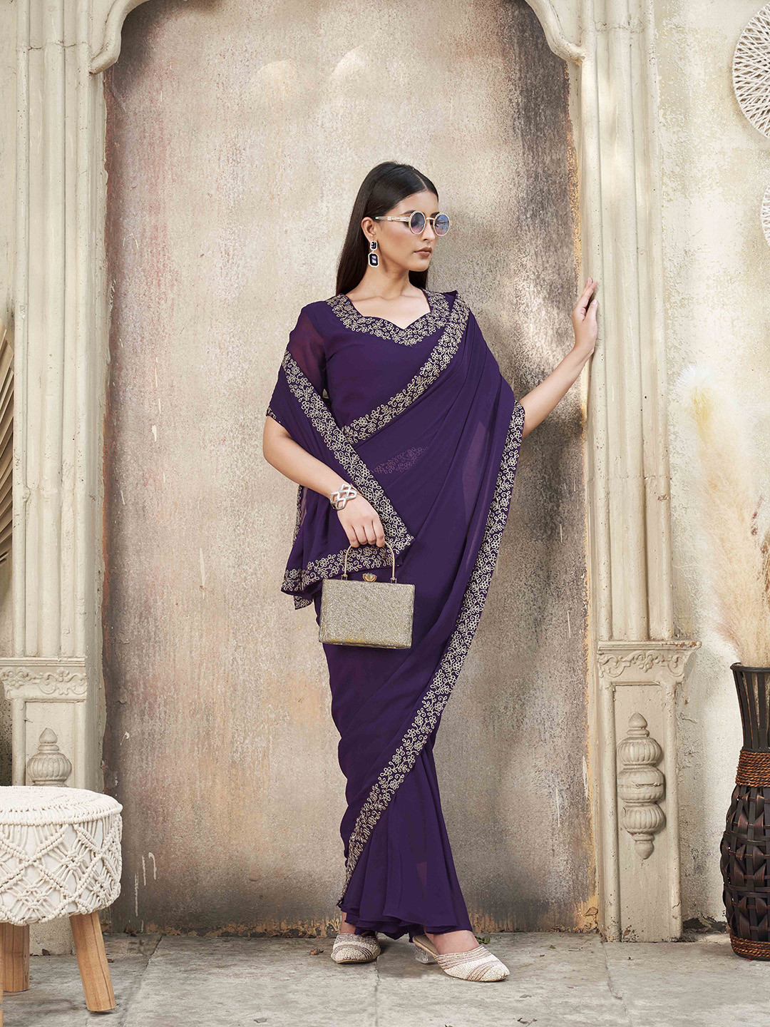 Tikhi Imli Embroidered Border Ready To Wear Gown Saree