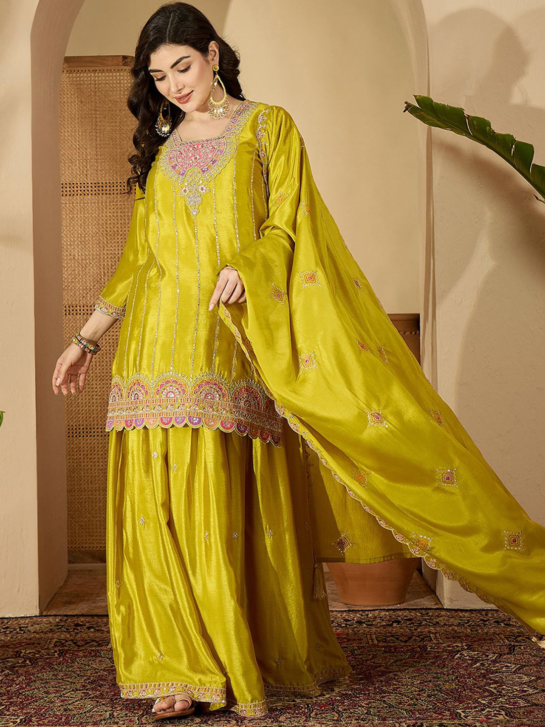 Sangria Women Zari Sequence Thread Embroidered Kurti & Skirt With Dupatta