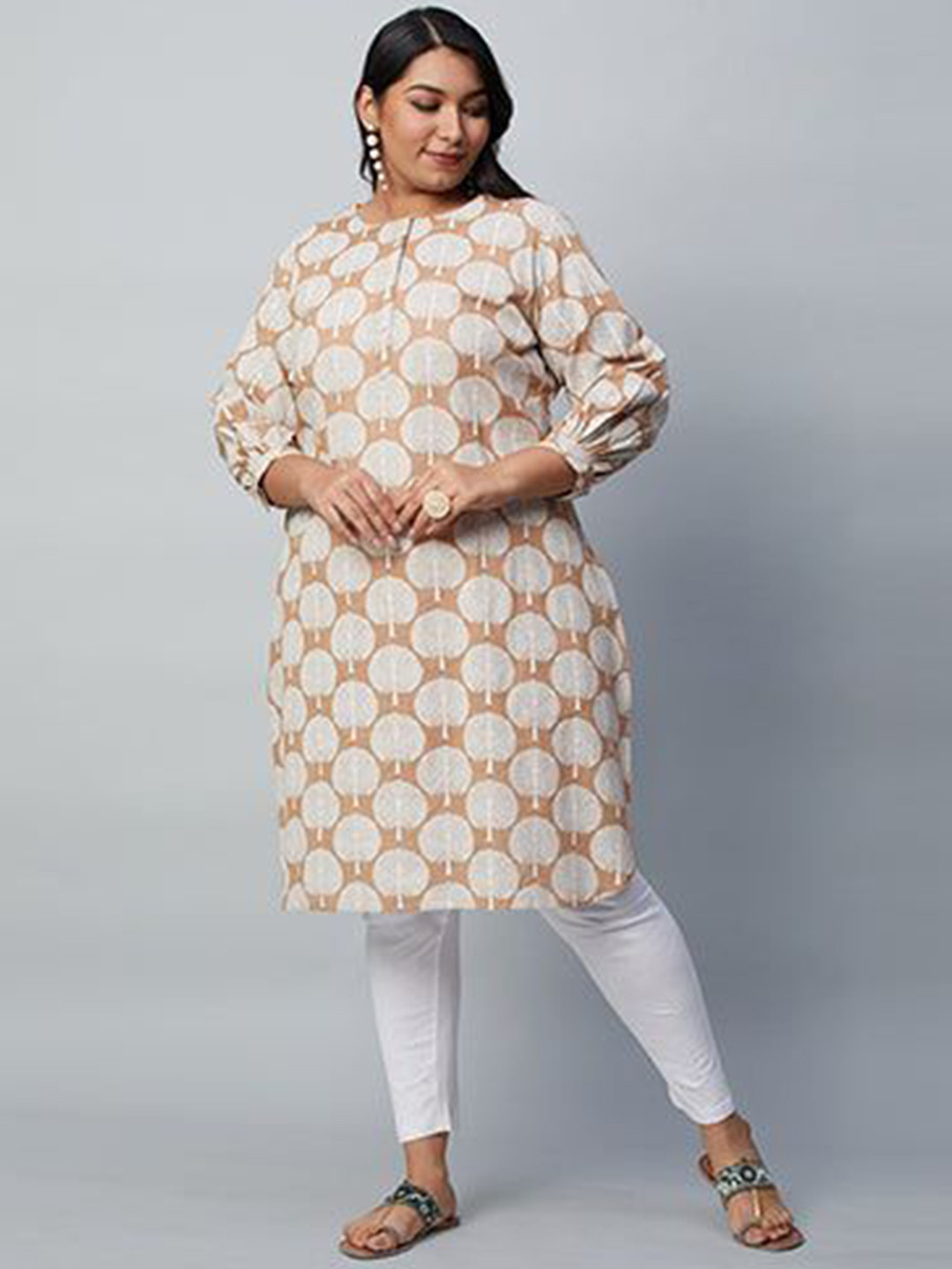 Big Hello - The Plus Life Women Ethnic Motifs Printed Puff Sleeve Cotton Longline Top