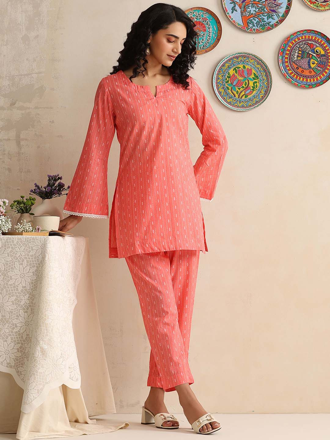 Peach Printed Round Neck Cotton Tunic with Trousers