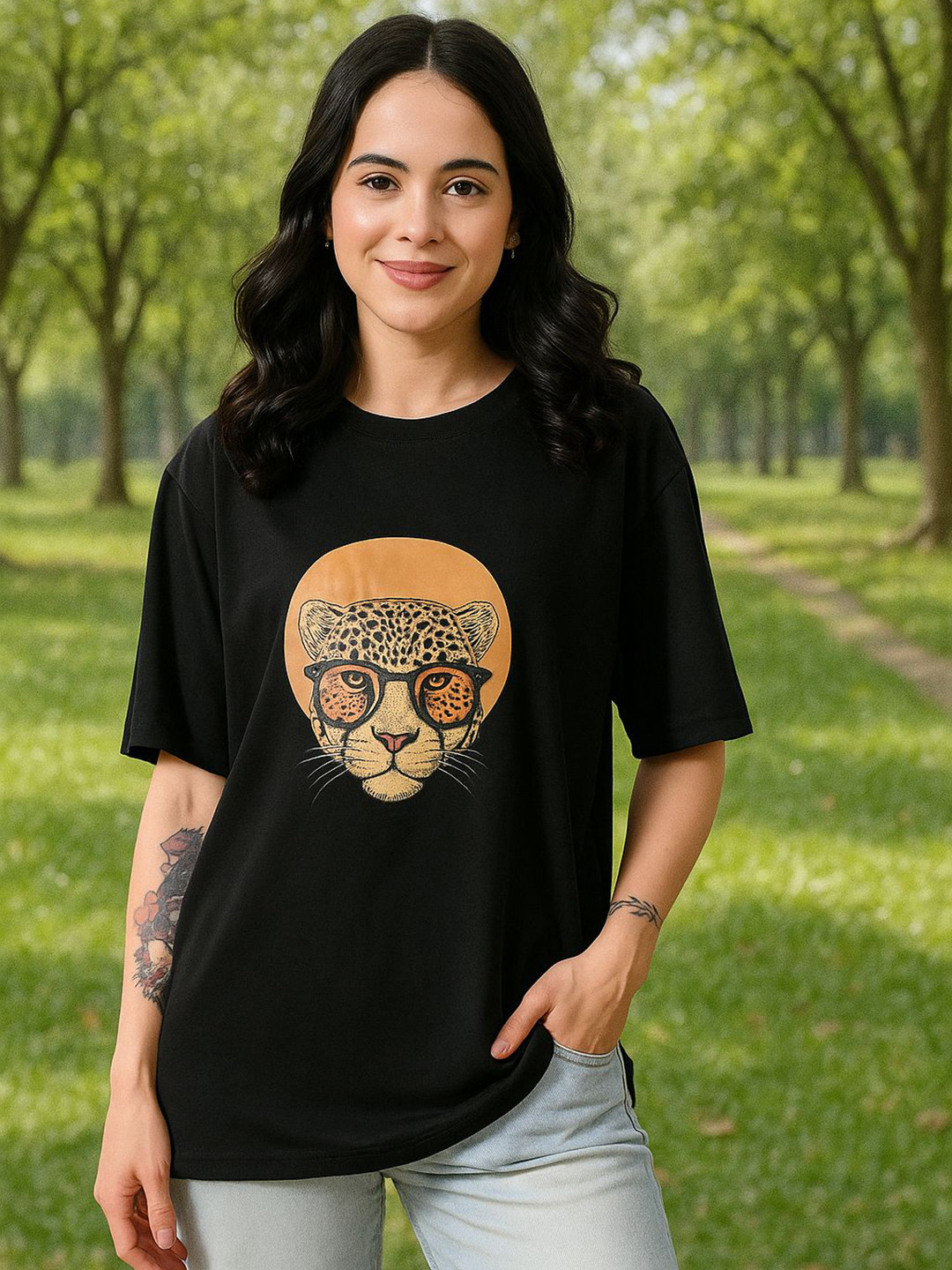 HERE&NOW Women Bio Finish Animal Printed Round Neck Cotton Oversized T-shirt