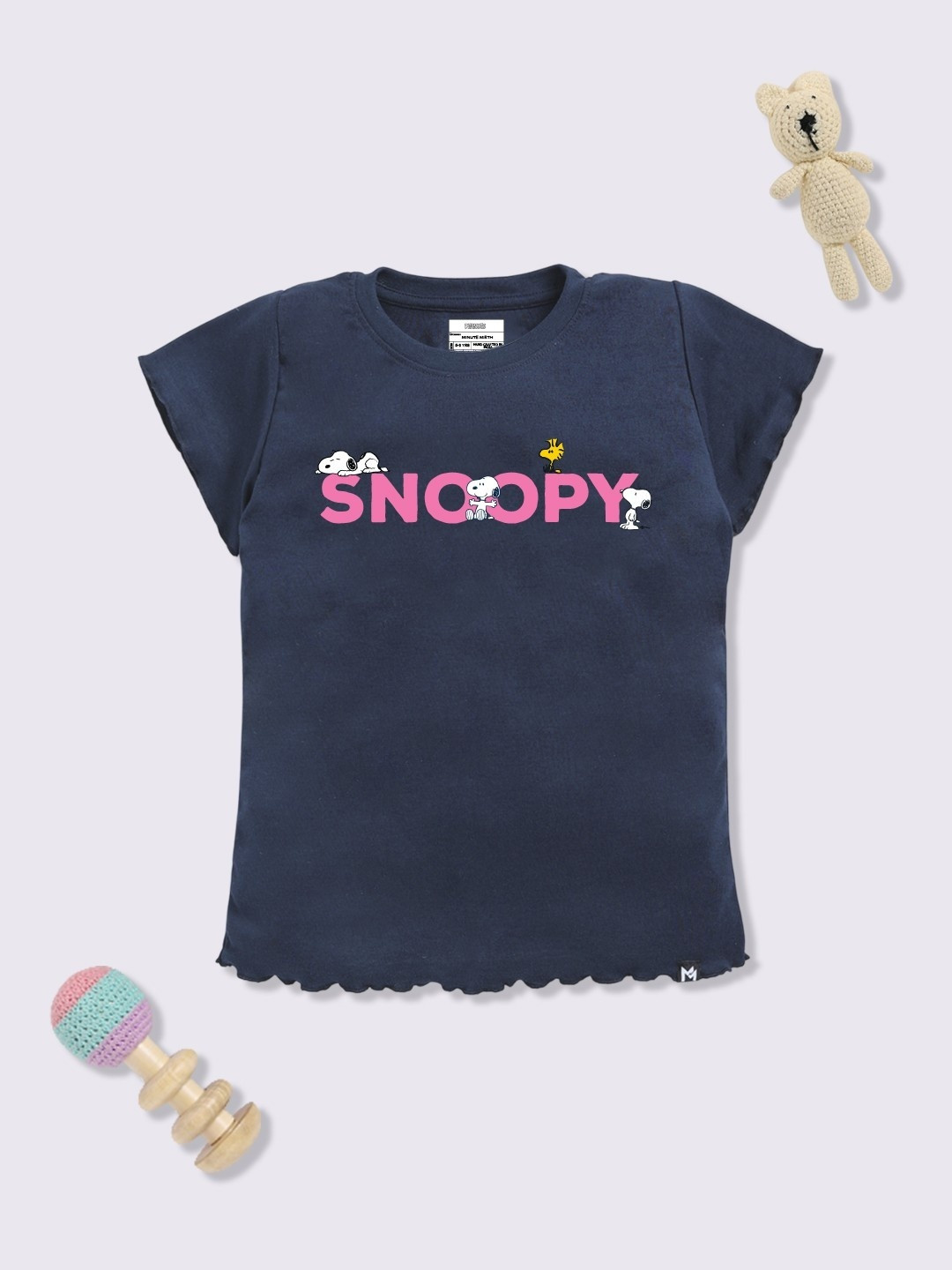 YK X Minute Mirth Girls Snoopy Printed Indigo Cotton T-shirt