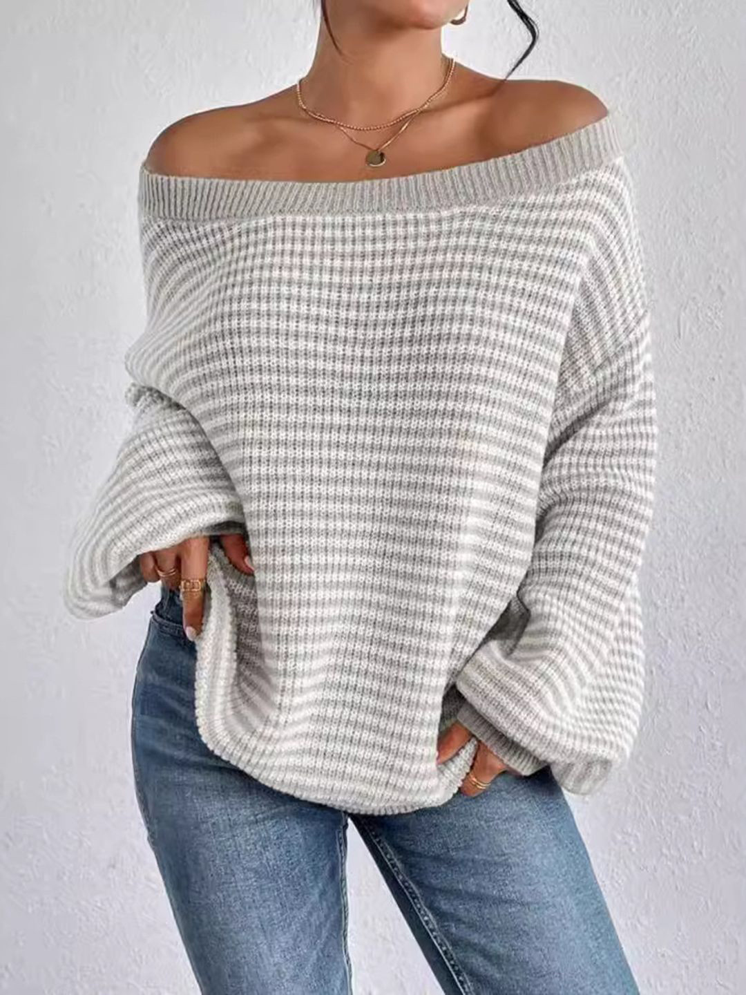 StyleCast Women Striped Off-Shoulder Oversized Pullover Sweater