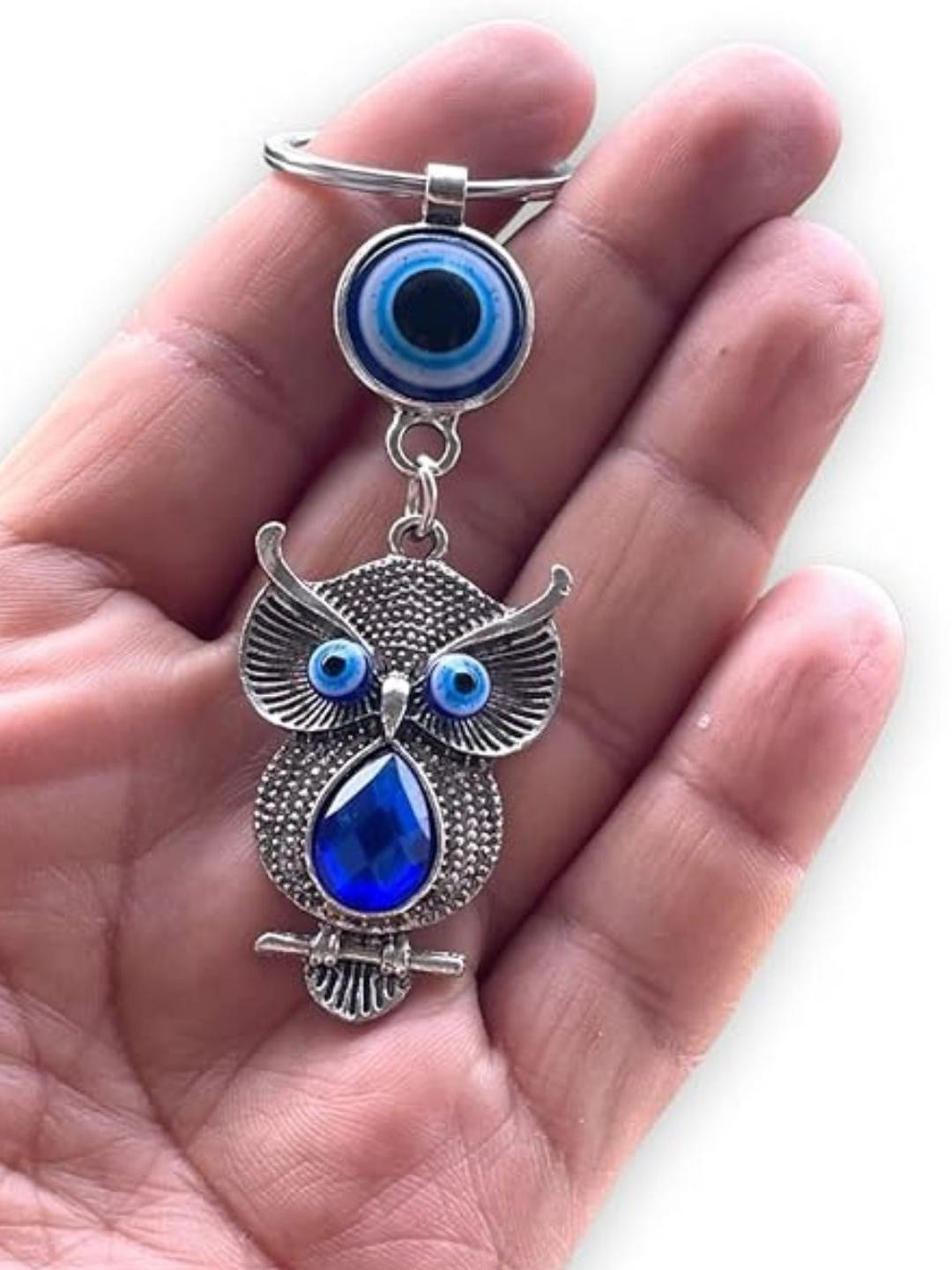 BLUE BEADS Silver Evil Eye & Owl Design Keychain