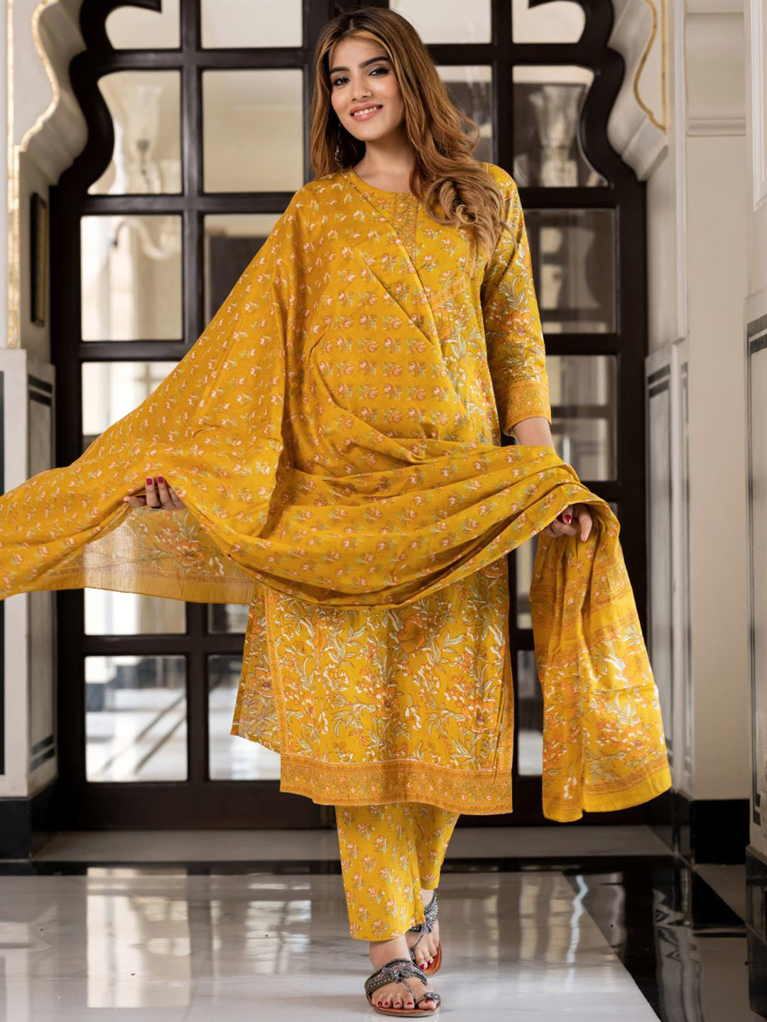 KALINI Women Floral Printed Sequinned Pure Cotton Kurta with Trousers & Dupatta