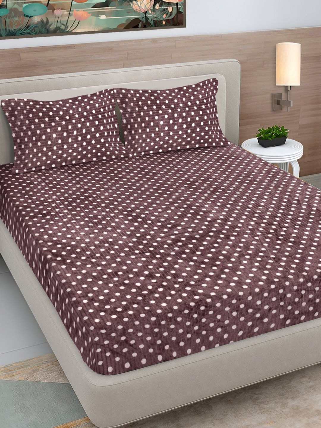 FABINALIV Brown & White Polka Dot Printed Woollen 300 TC King Bedsheet Set 2.5 m x 2.25 m