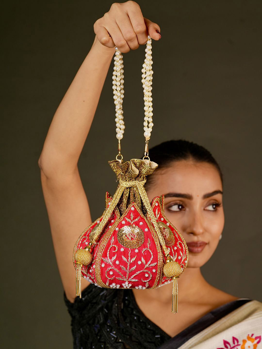Anouk Embroidered Embellished Lotus Shaped Potli Bag
