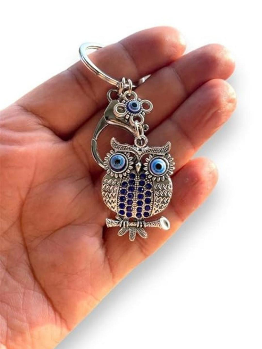 BLUE BEADS Blue and Silver Color Owl with Evil Eye Keychain