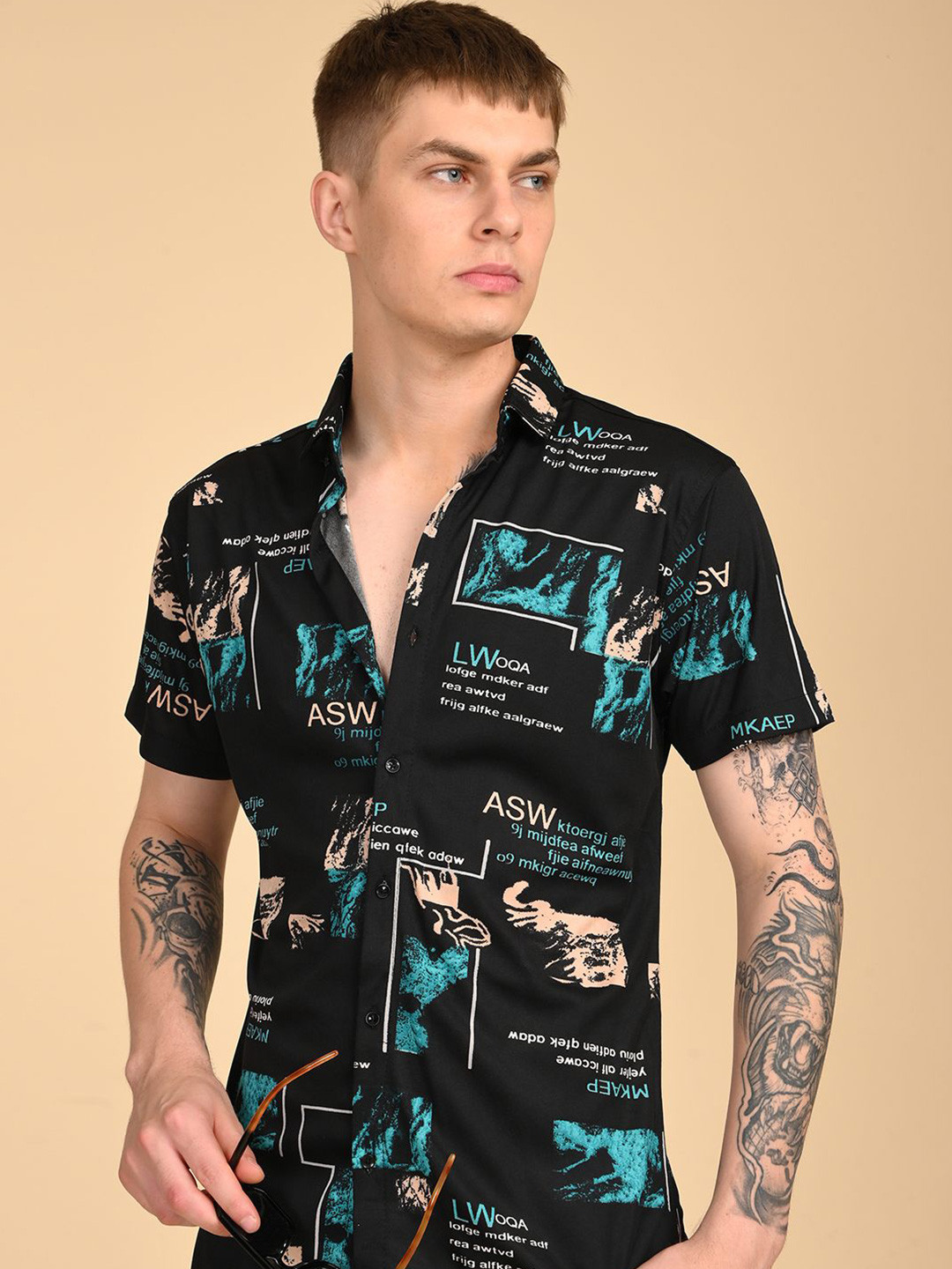 Men Regular Fit Typography Printed Spread Collar Casual Shirt