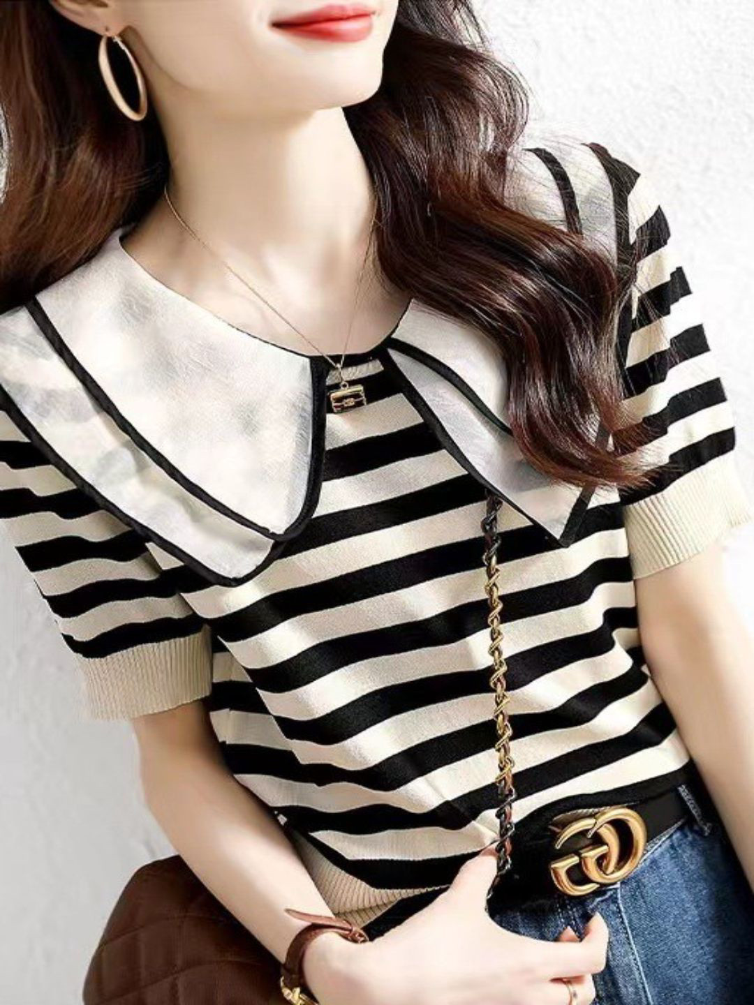 StyleCast Women Striped Peter Pan Collar Monochrome Cotton Top