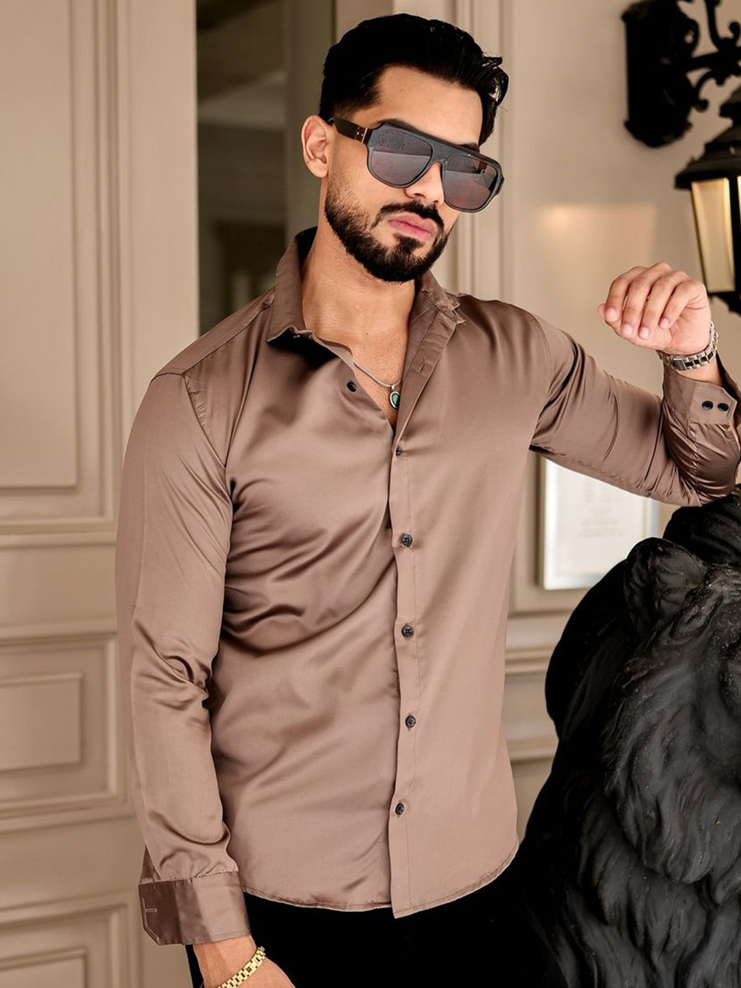 IKON FASHION Men Premium Slim Fit Solid Spread Collar Satin Casual Shirt