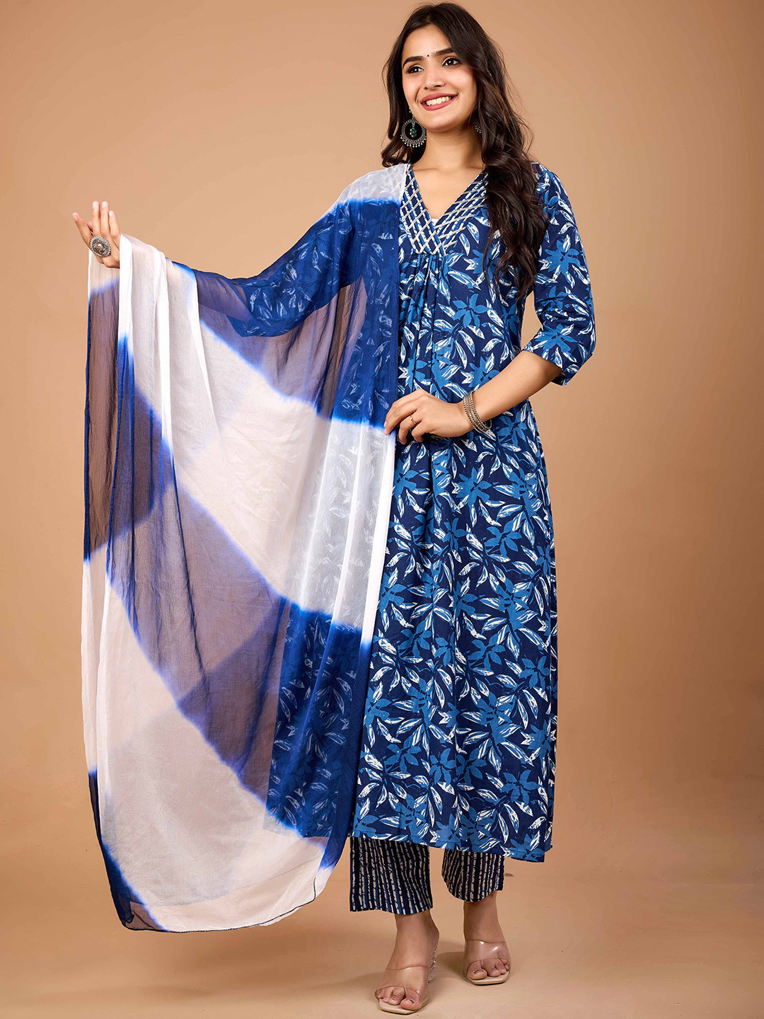 Le Mec Floral Printed V-Neck A-Line Thread Work Pure Cotton Kurta With Trousers & Dupatta