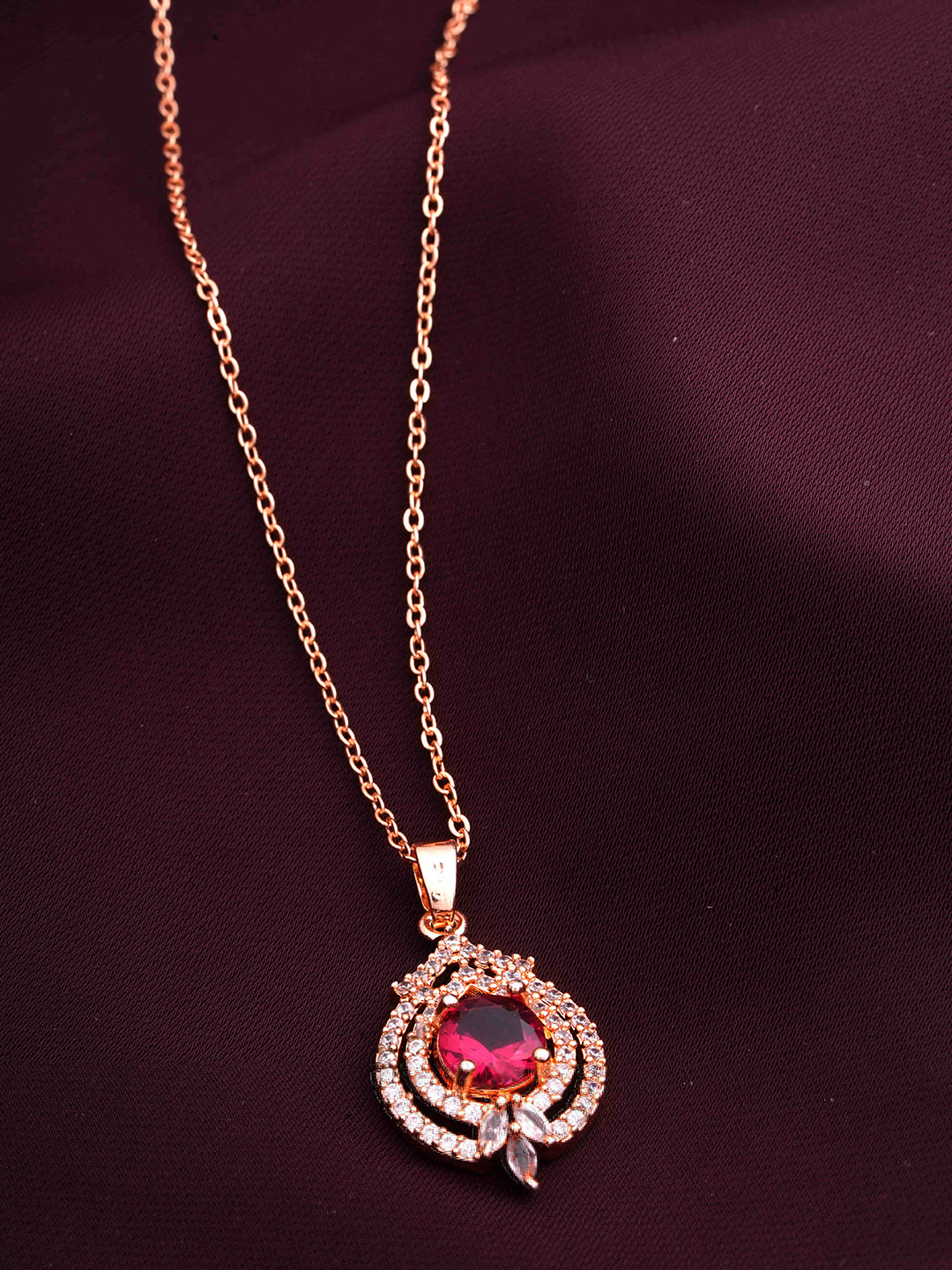 STYOLLO Rose Gold-Plated American Diamond Studded Teardrop Shaped Pendant With Chain