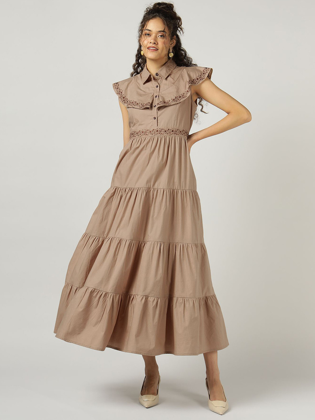 Sands of India Women Solid Shirt Collar Fit and Flare Maxi Dress