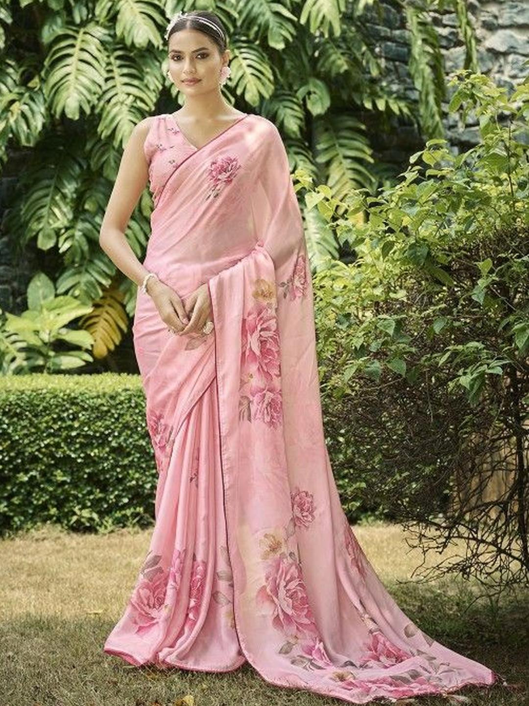 KARAGIRI Pink Floral Printed Daily Wear Saree With Blouse Piece
