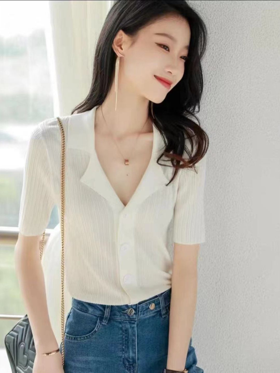 StyleCast Women Ribbed Shirt Collar Short Sleeve Polo Cardigan
