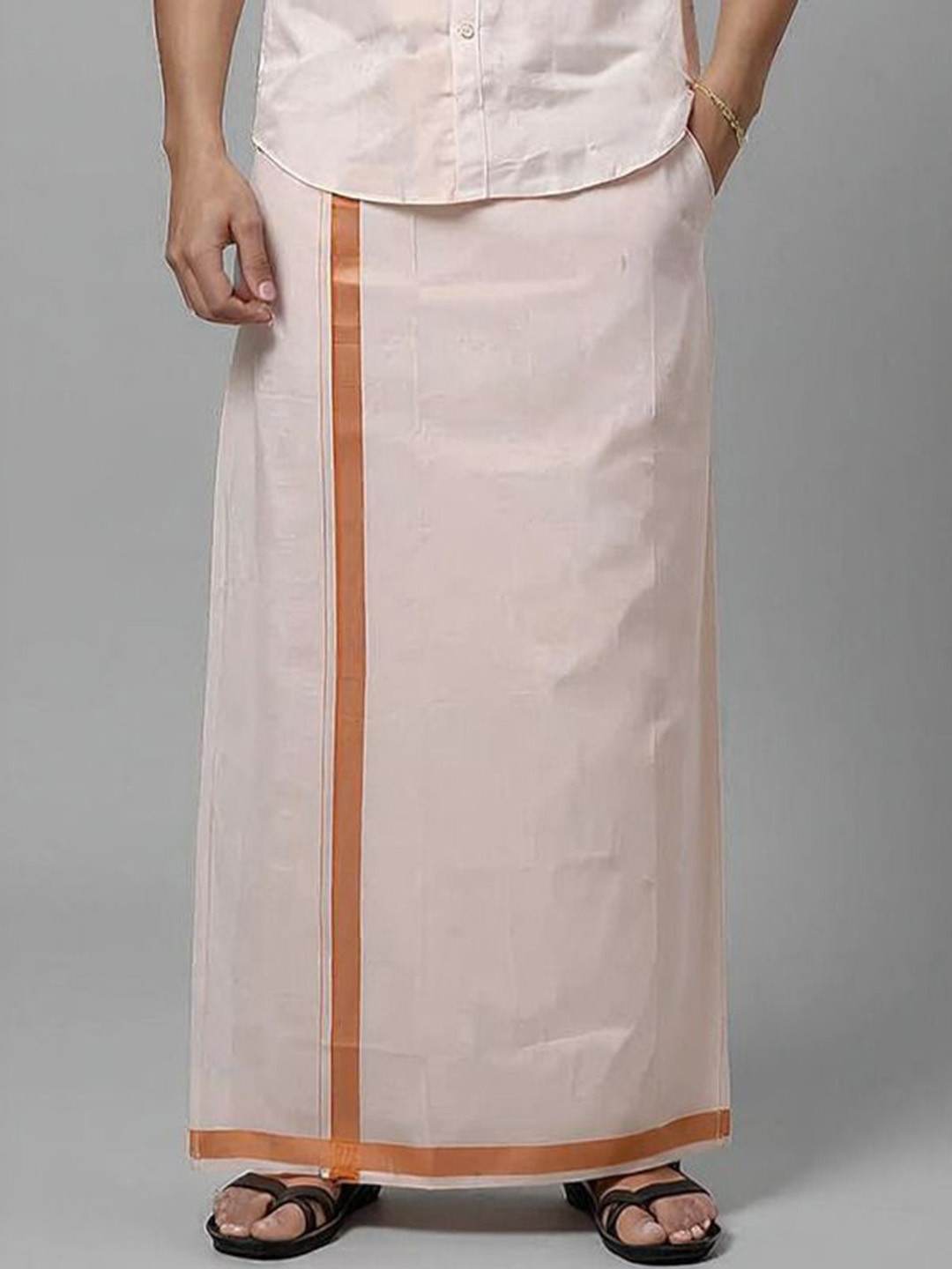 Viveagham Men Tissue Readymade Zari Border Single Layer Dhoti