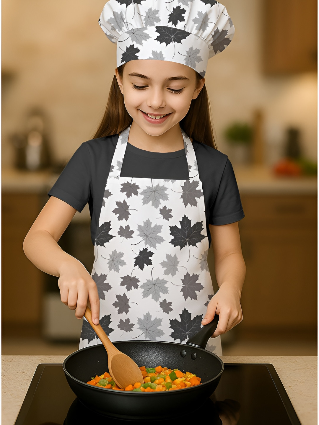 OASIS Girls Grey & White Printed Cotton Apron With Chef Cap
