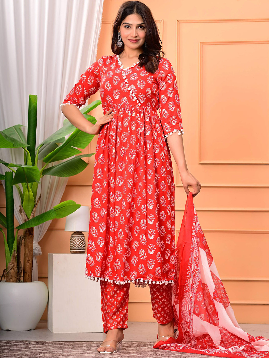 Nyasha Floral Printed V-Neck Screen Anarkali Kurta With Trousers & Dupatta