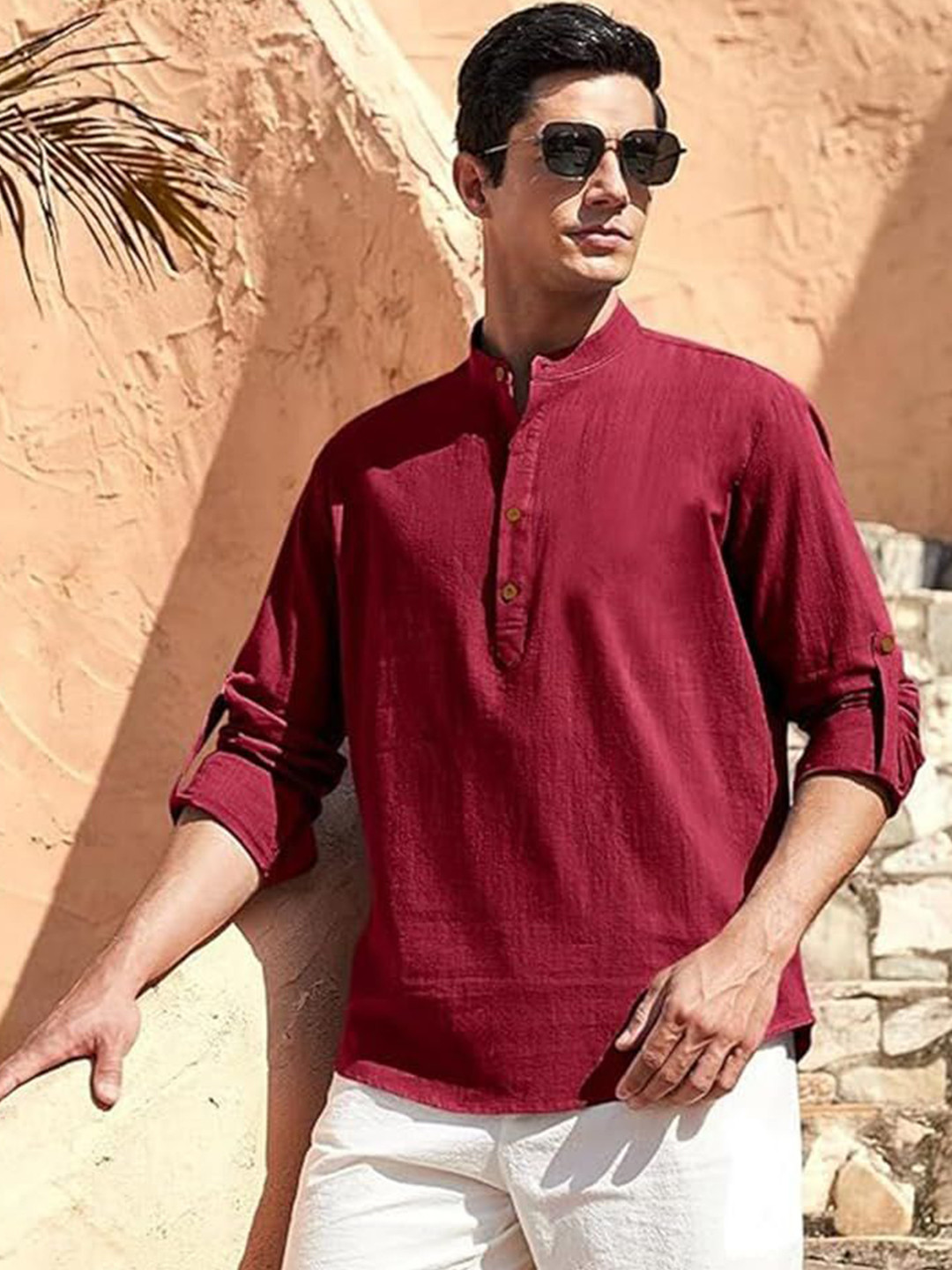 Yugnik Band Collar Roll-Up Sleeves Pure Cotton Slim Fit Short Kurta