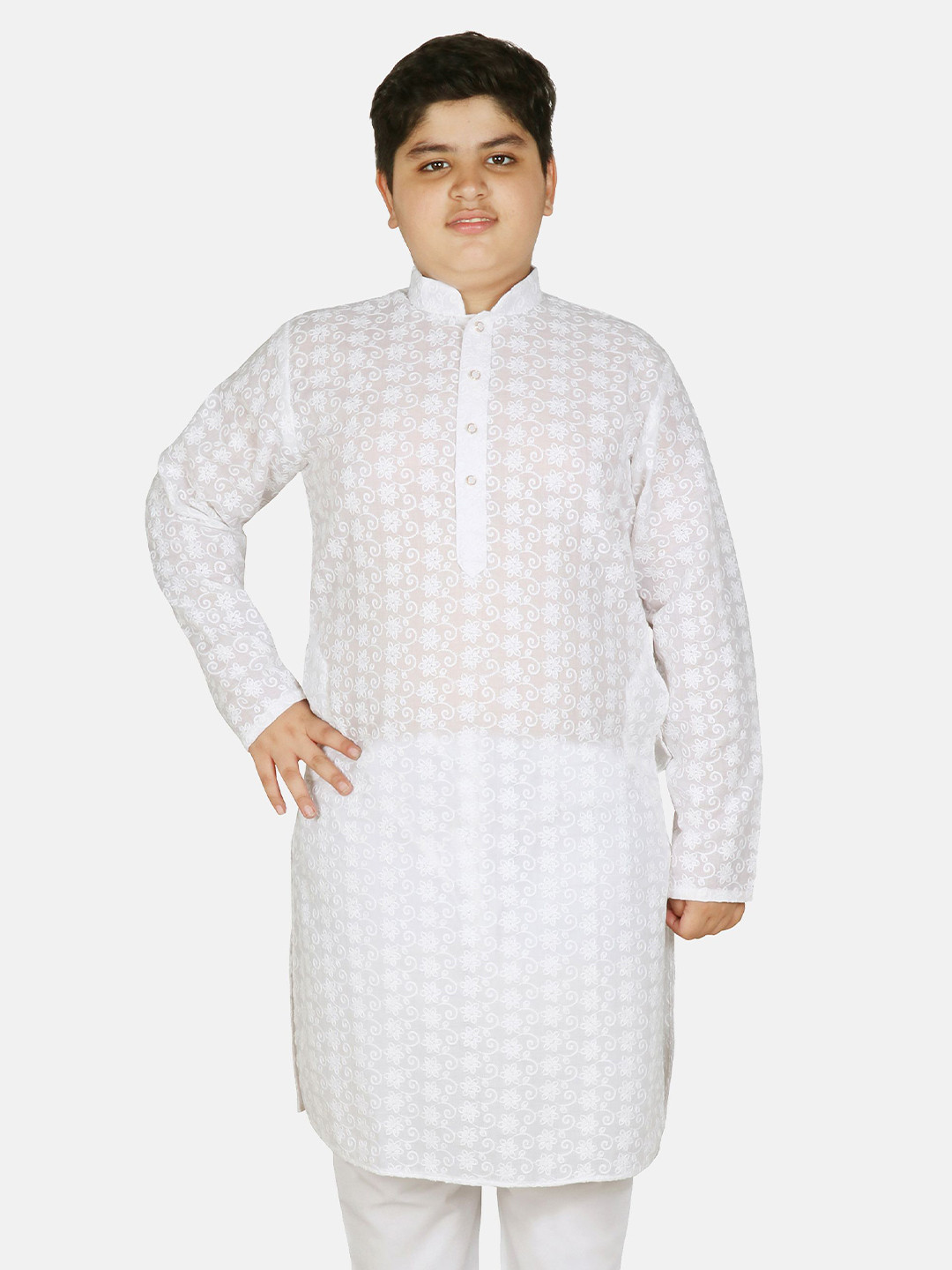 SG YUVRAJ Boys Floral Embroidered Chikankari Khadi Kurta