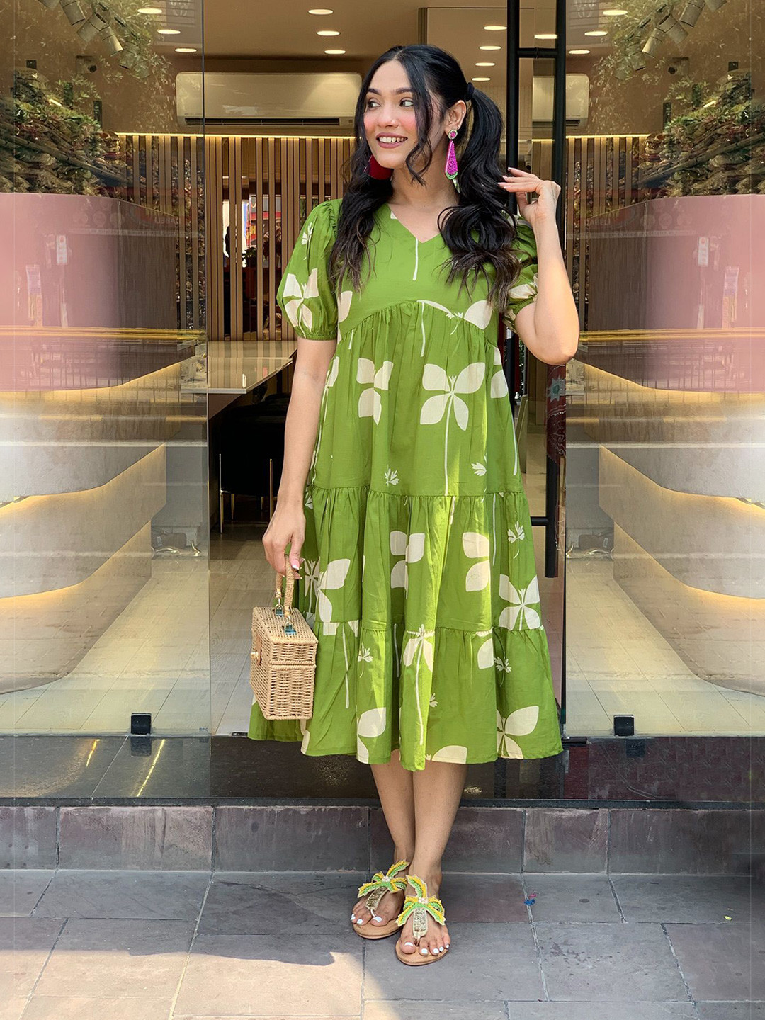 Anni Designer Women Floral Print Puff Sleeve A-Line Dress