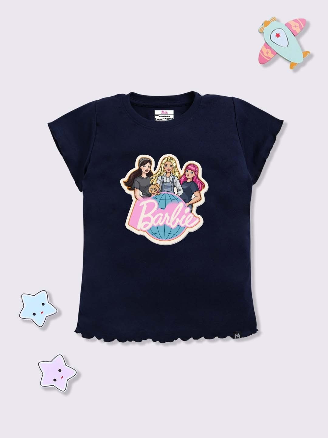 YK X Minute Mirth Girls Barbie Printed Indigo Pure Cotton T-shirt