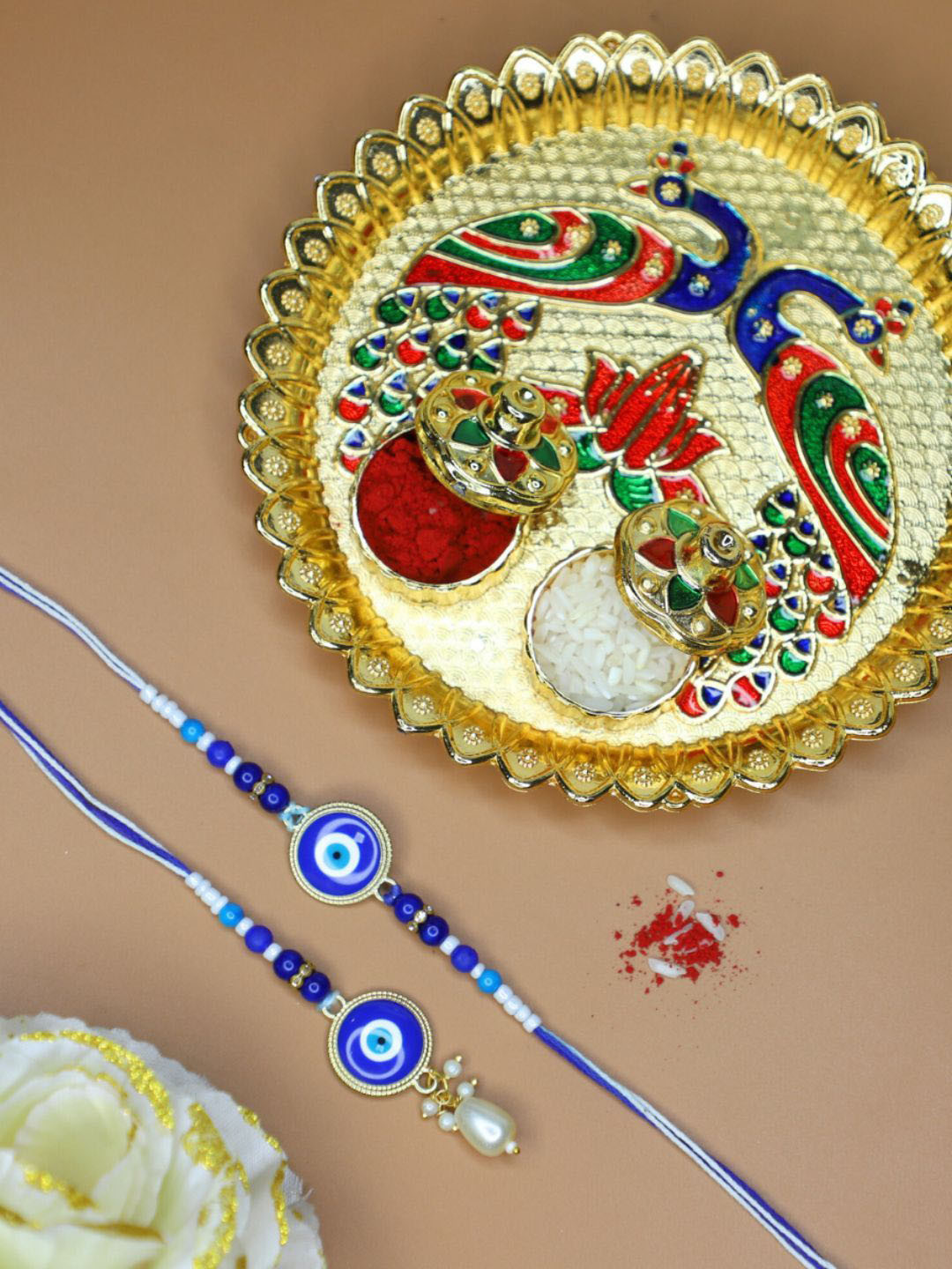 House of Pataudi Evil Eye Bhaiya Bhabhi Rakhi With Pooja Thali Roli Chawal & Card