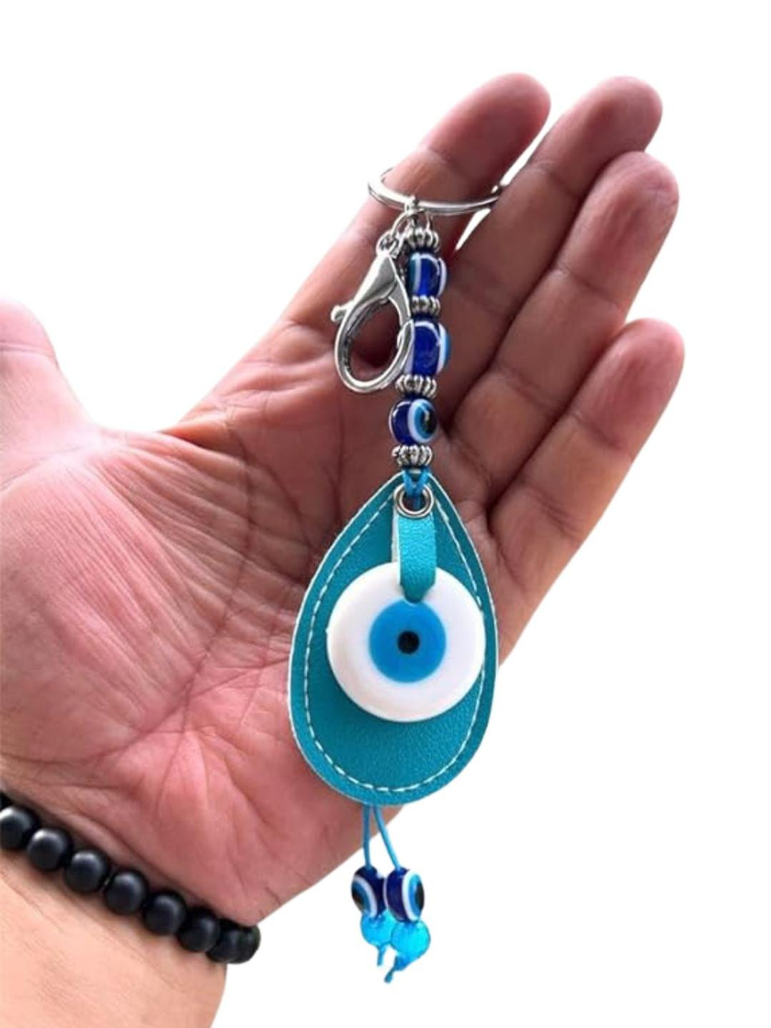 BLUE BEADS Original Blue and White Evil Eye Stone With Turquoise colour Leather Keychain