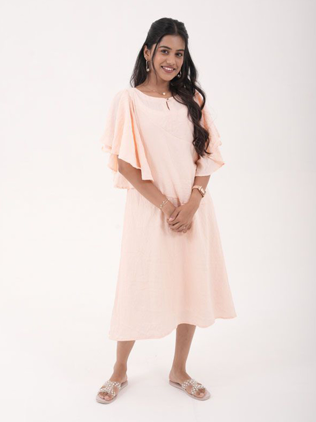 Eilaa Women Popcorn Killer Flared Sleeve A-Line Midi Dress