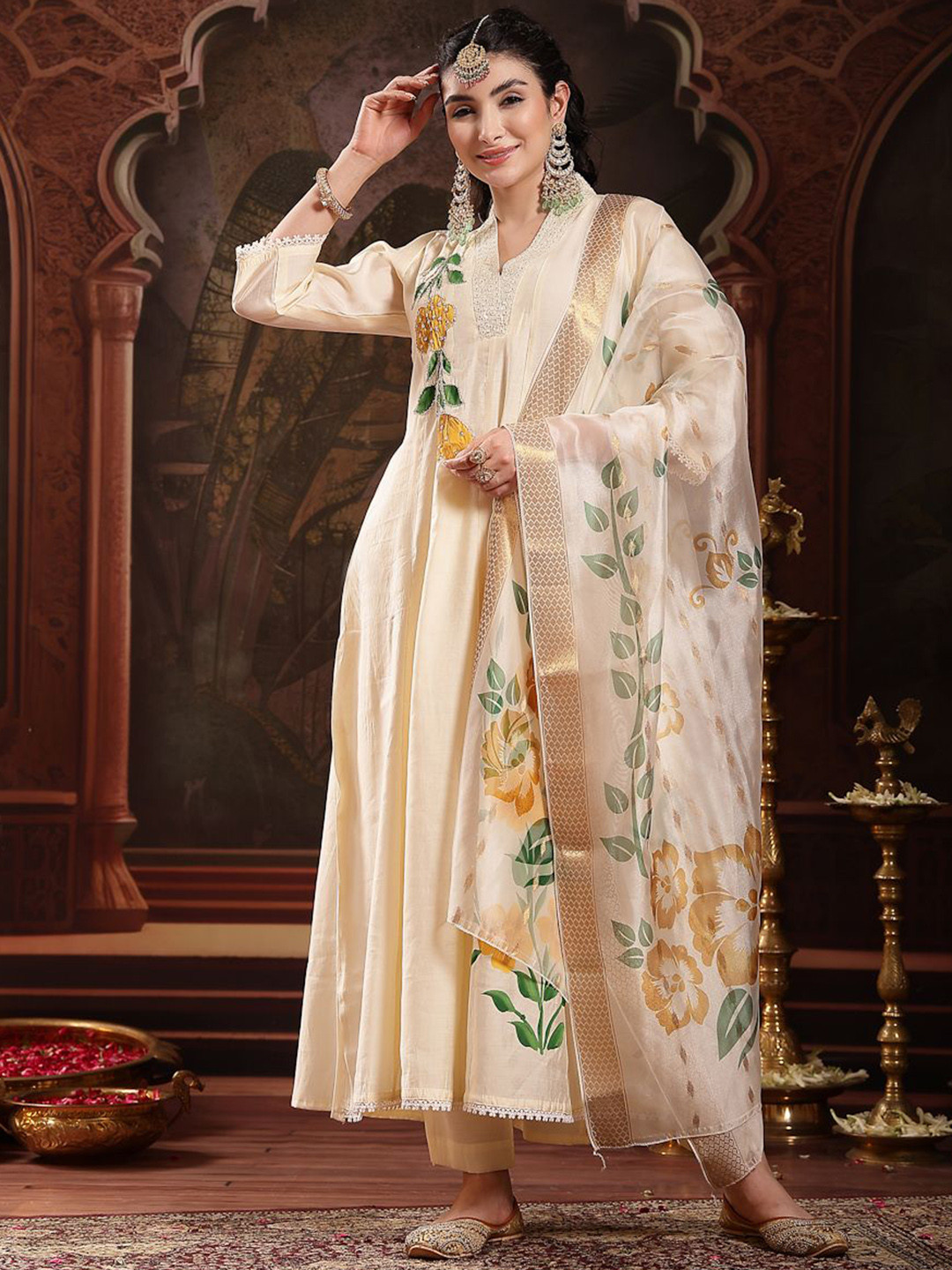 Stylum Floral Embroidered Empire Sequinned Kurta With Trousers & Dupatta