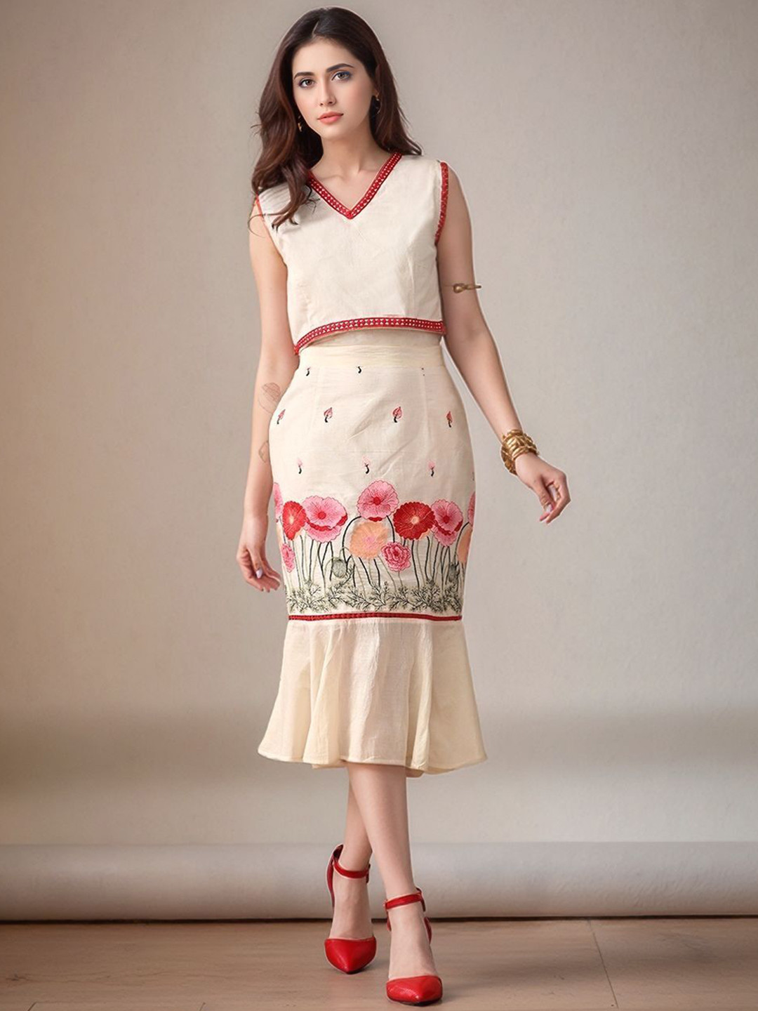 Sangria Women Floral Embroidered Pure Cotton Laced Crop Top & Mermaid Skirt Co-Ord Set