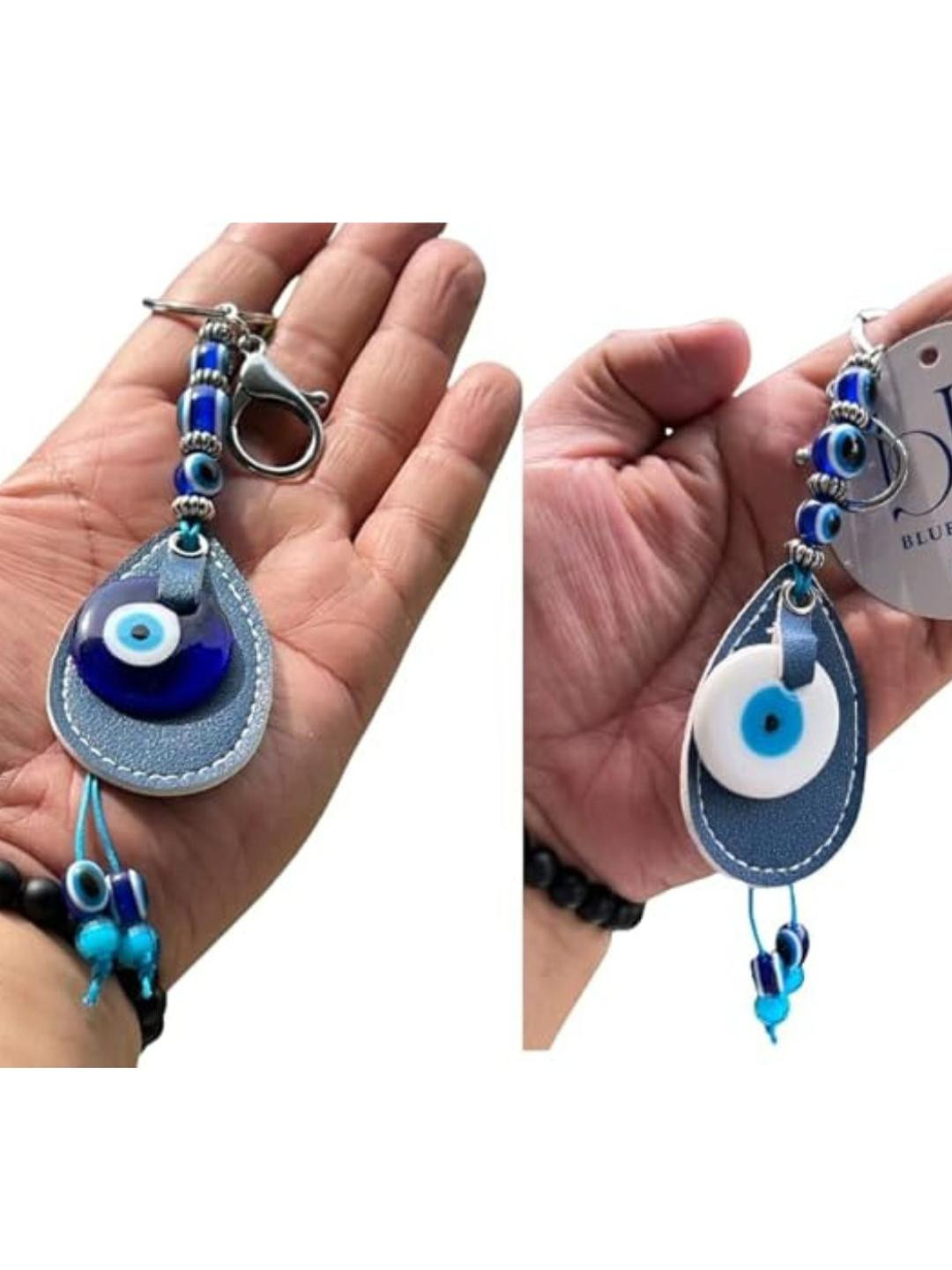 BLUE BEADS Original Blue and White Evil Eye Stone With Blue Leather Keychain
