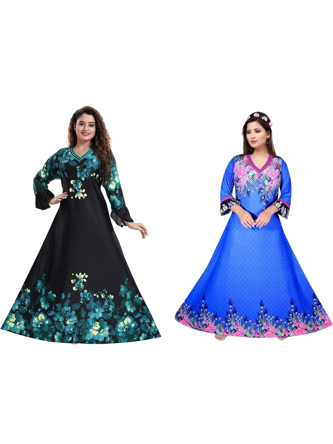 PURSA pack of 2 women Blue & Black Printed Nightdress