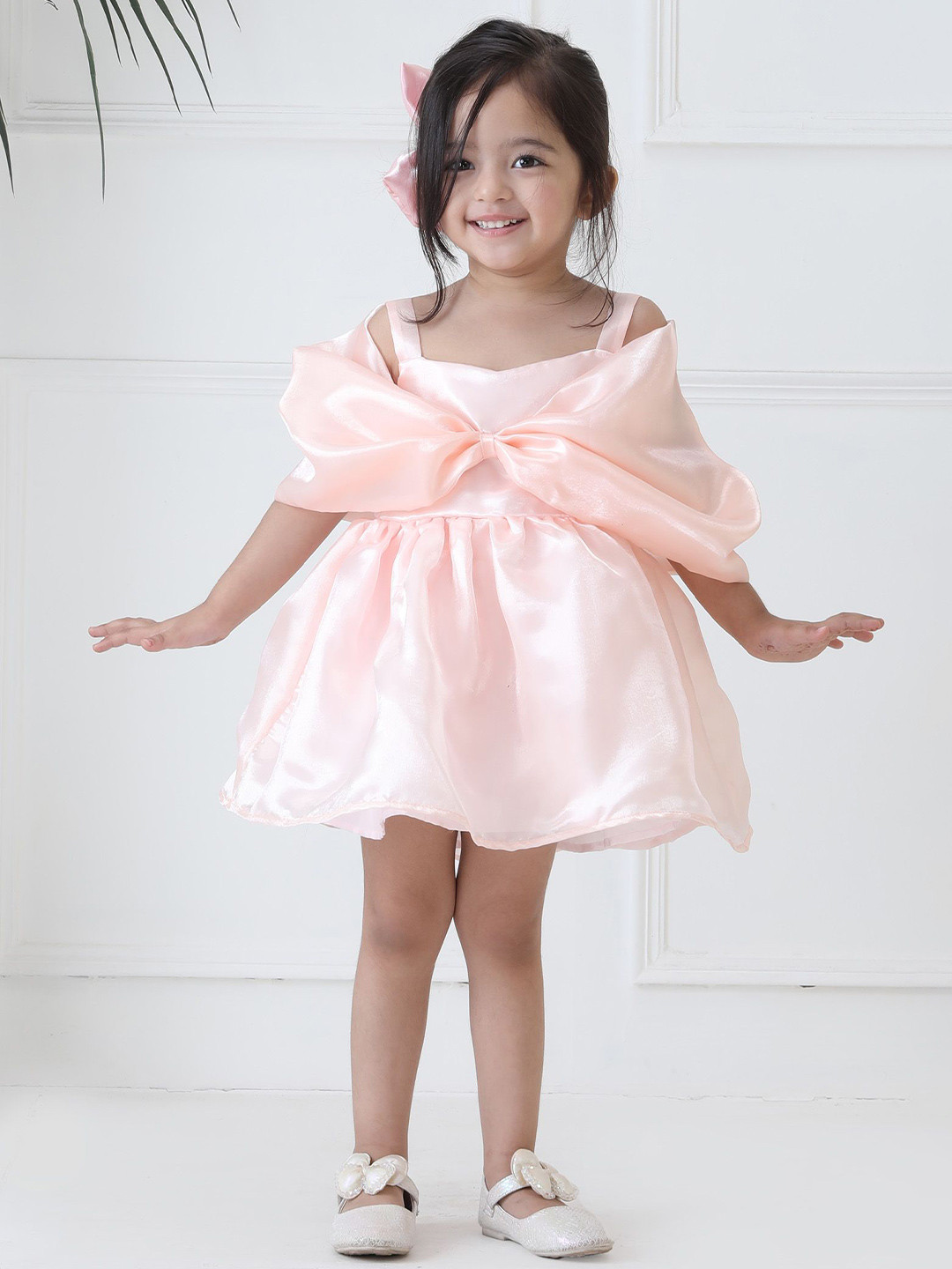 Foreverkidz Girls Peach Glow Bow  Puff Sleeve Fit & Flare Dress