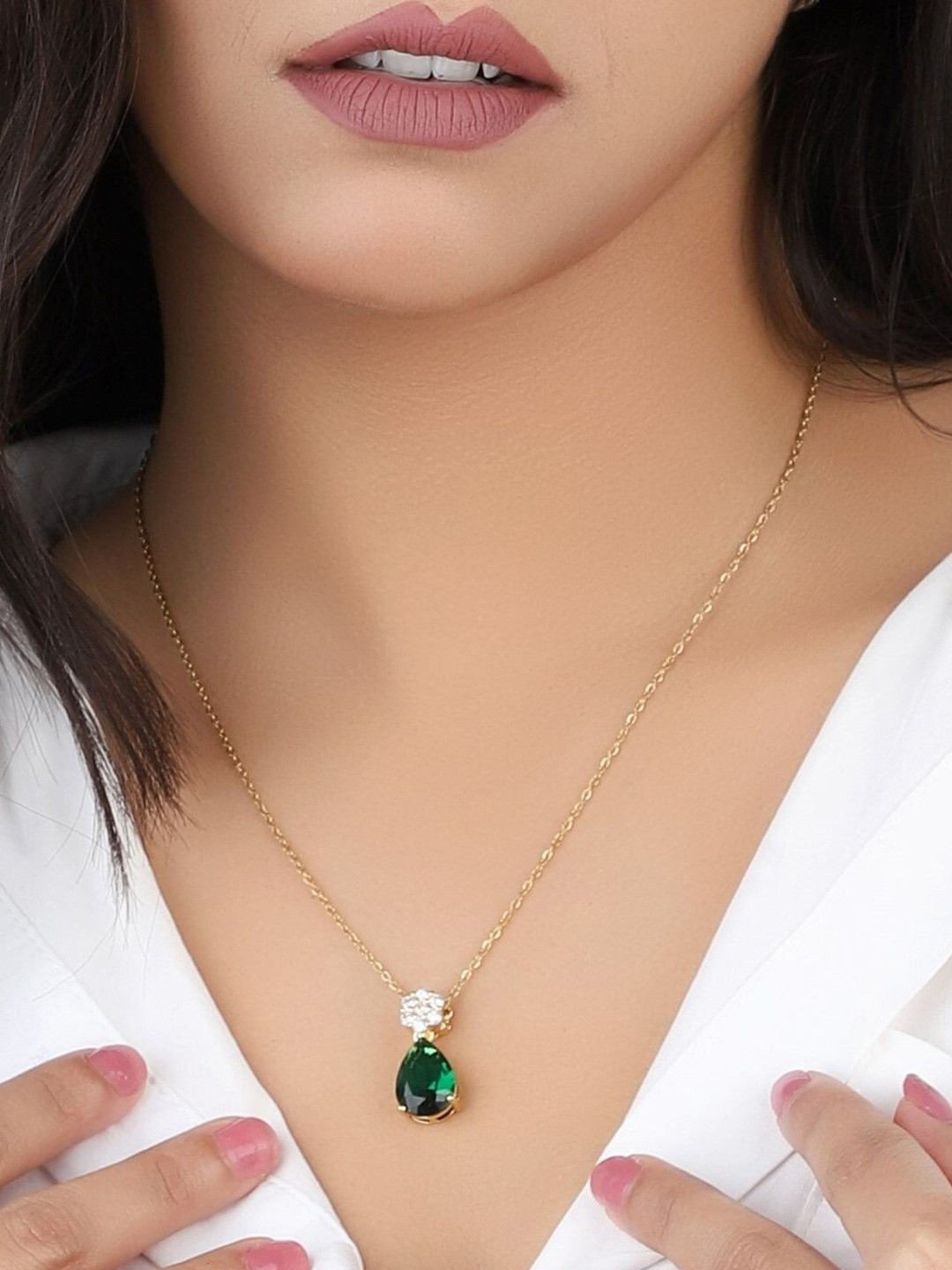 BISHTY  Steel Gold-Plated Stones Studded Teardrop Shaped Pendants With Chains